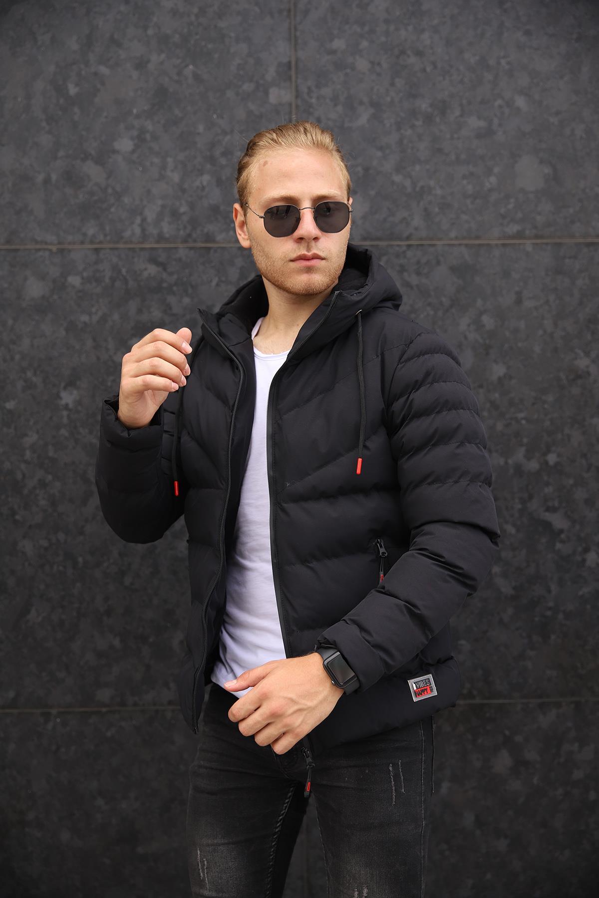 New Season Men's Black Hooded Plain Coat