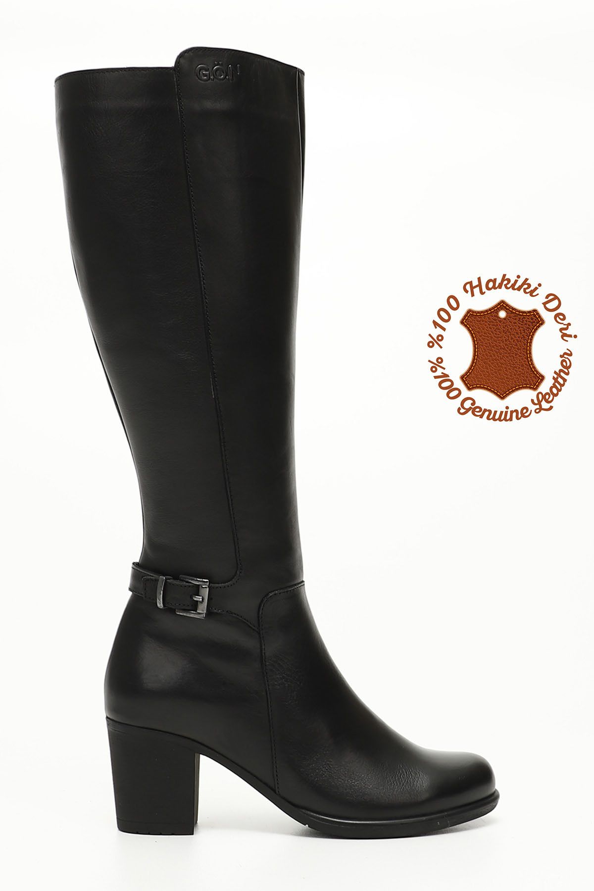 GÖNDERİ(R)-Schwarze Damenstiefel aus echtem Leder mit runder Spitze und Gummisohle und Reißverschluss und Schnalle 46501 1