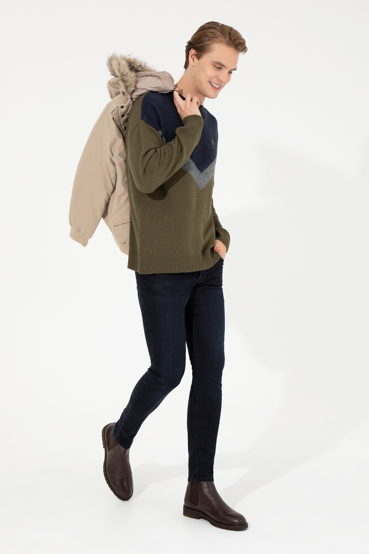 یو اس پولو ژاکت بافتنی مردانه یقه گرد طرح نارگیلی کد ۵۰۲۵۸۳۱۲-VR153