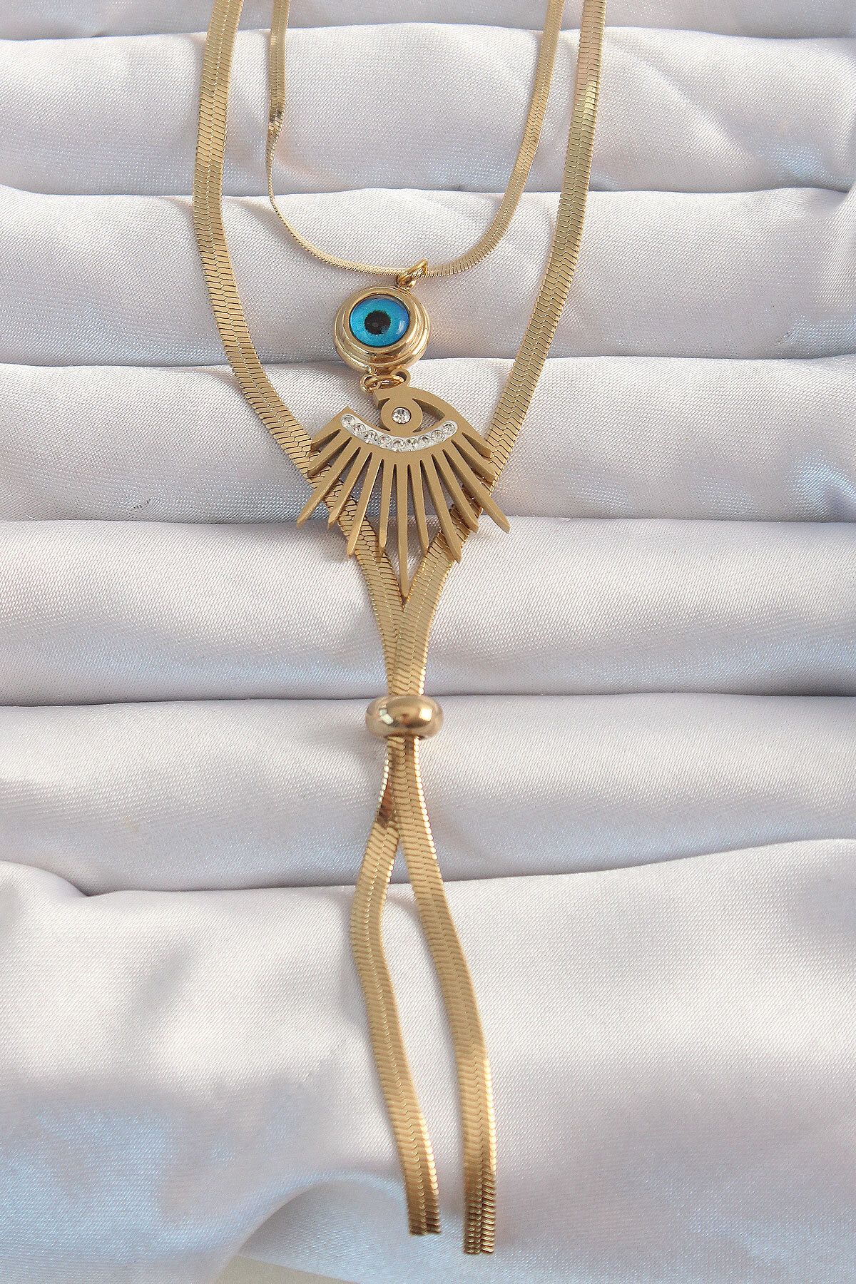 MMB Boutique 316L Çelik Gold Renk Zirkon Taşlı Göz Detay Nazarlı Uzun Asansör Model Kolye