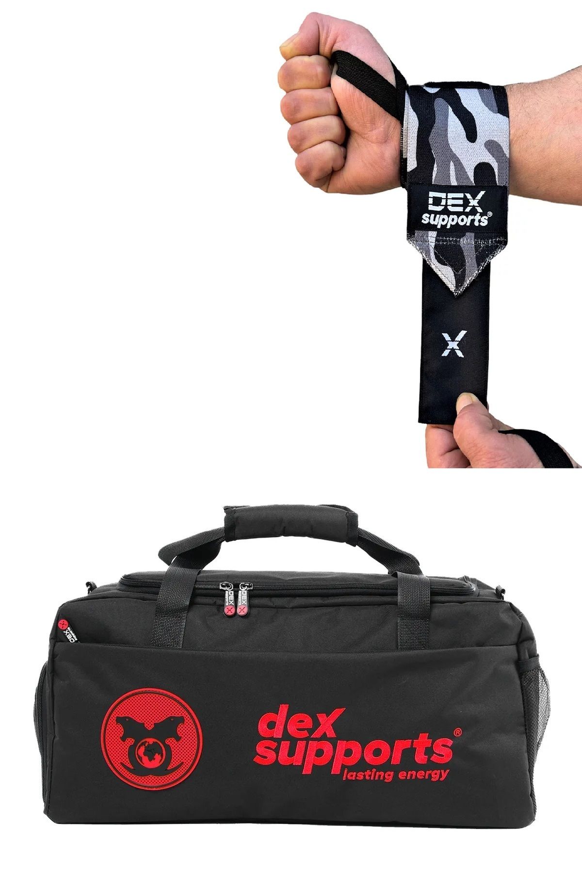 Dex Supports Fitness Bilekliği Dark Kamuflaj Wrist Wraps + XXL Büyük Boy Fitness Spor Çantası Kırmızı 2'li Paket