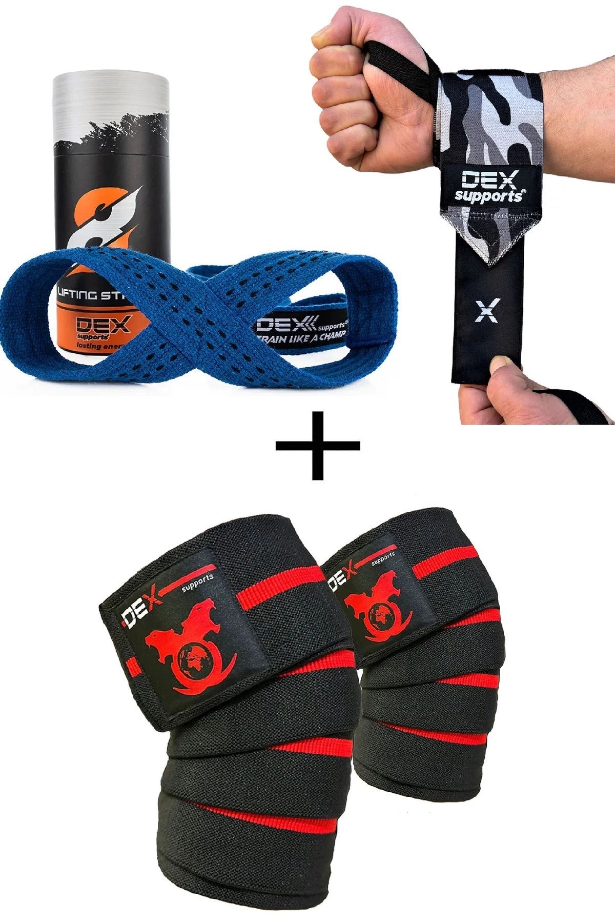 Dex Supports Sporcu Bilekliği Dark Kamuflaj Wrist Wraps+8 Loop Lifting Straps Mavi+Knee Wraps Elite 3'lü Paket