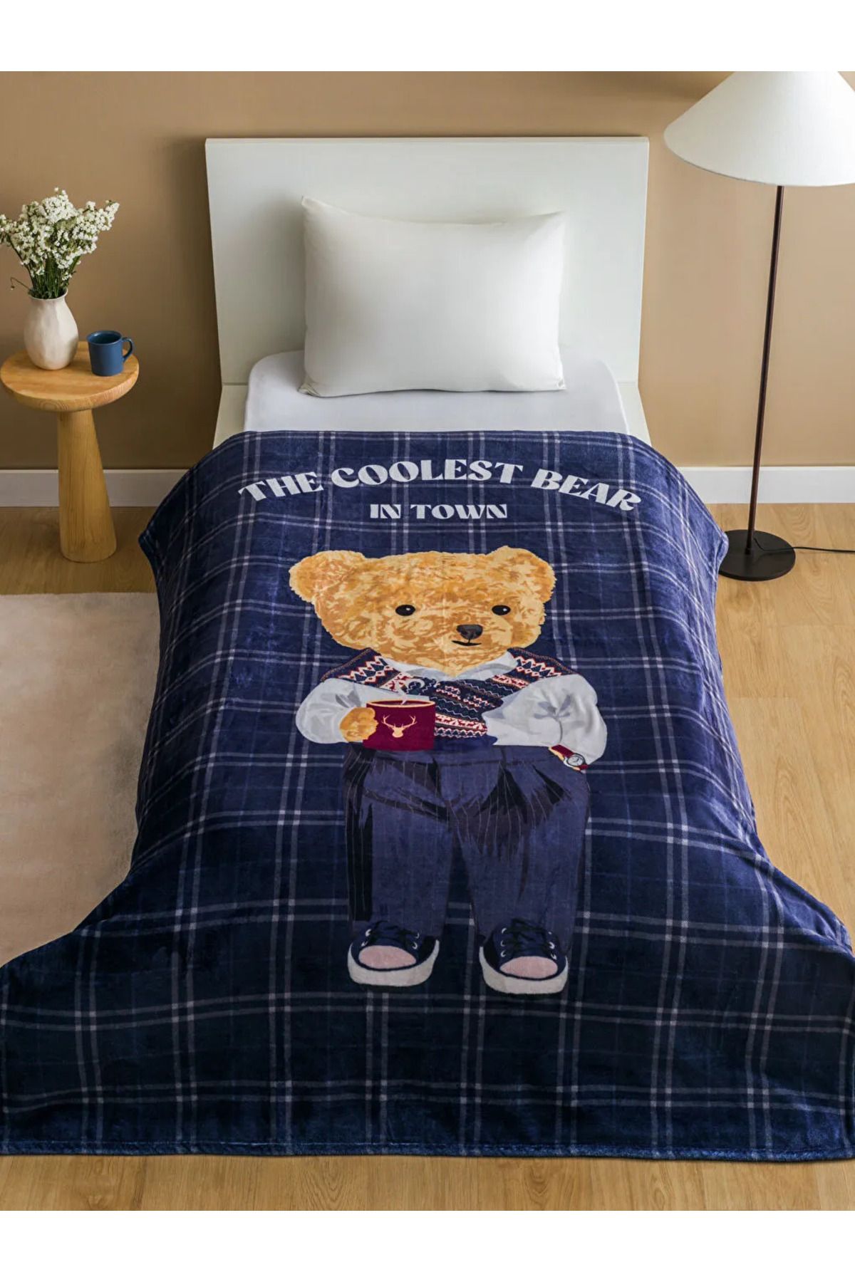 LC Waikiki LCW HOME Lacivert Ayı Teddy Baskılı Tek Kişilik Battaniye
