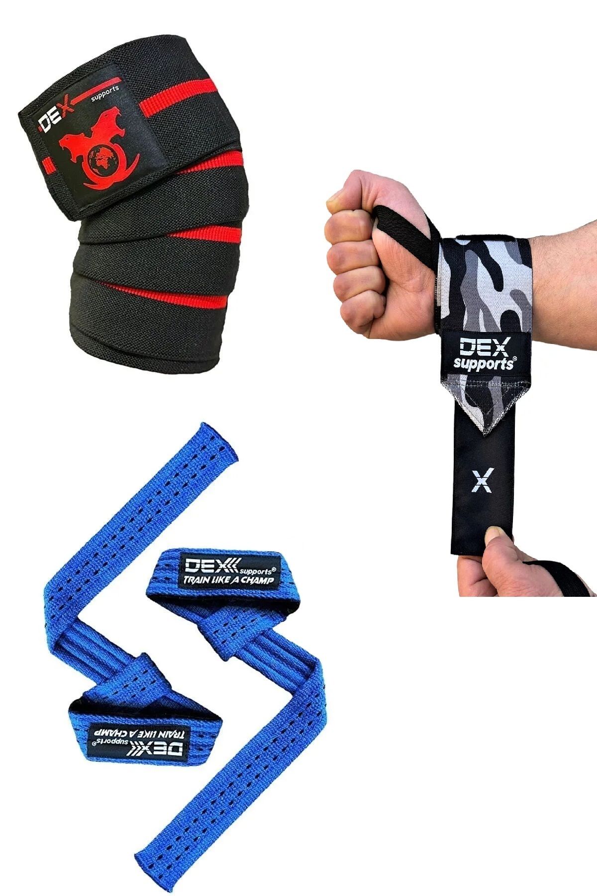 Dex Supports Fitness Sporcu Bilekliği Dark Kamuflaj Wrist Wraps+Lifting Straps Mavi+Knee Wraps Elite 3'lü Paket