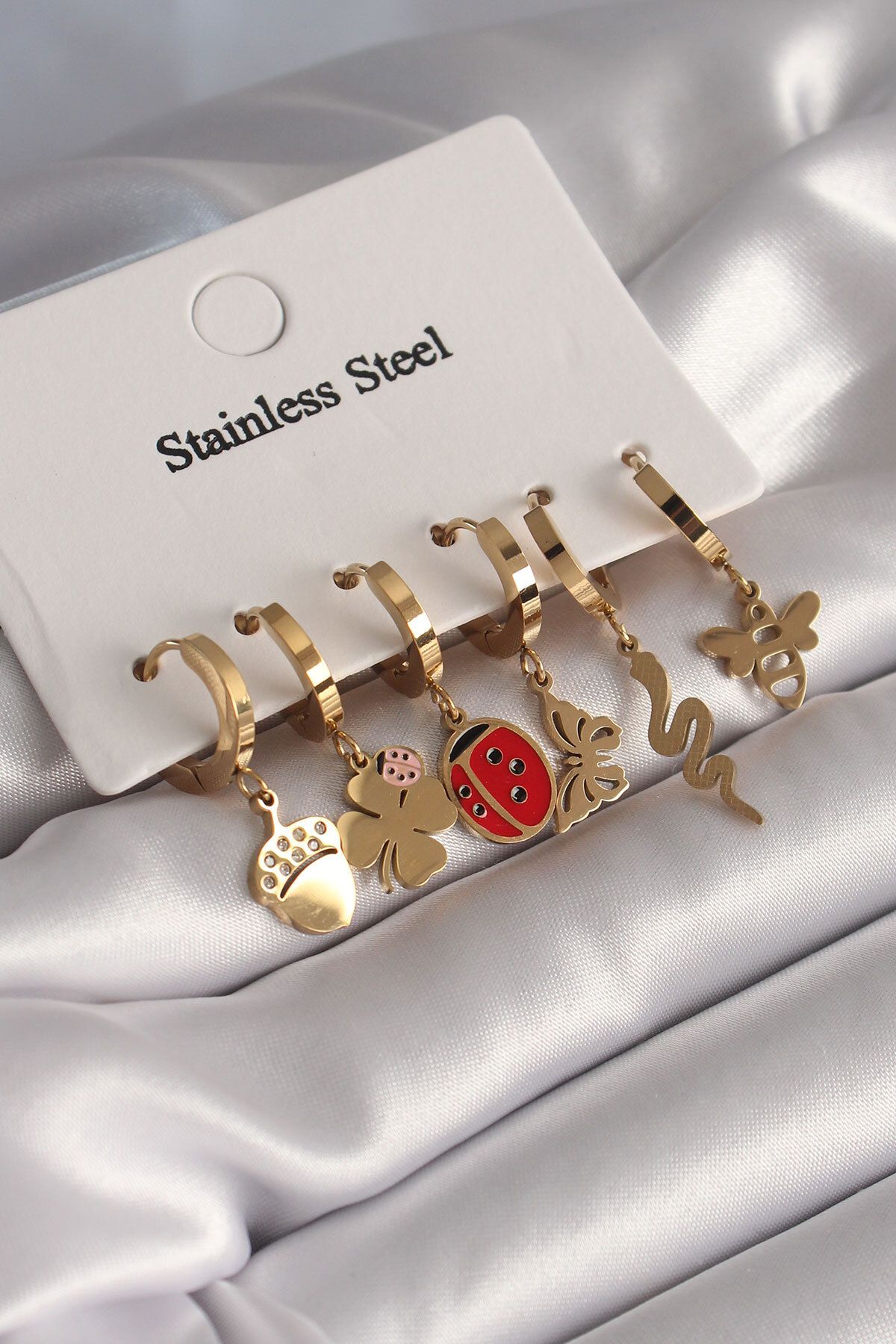 BZK ACCESSORİES 316L Çelik Gold Renk Çoklu Figür Model Kadın Küpe Seti