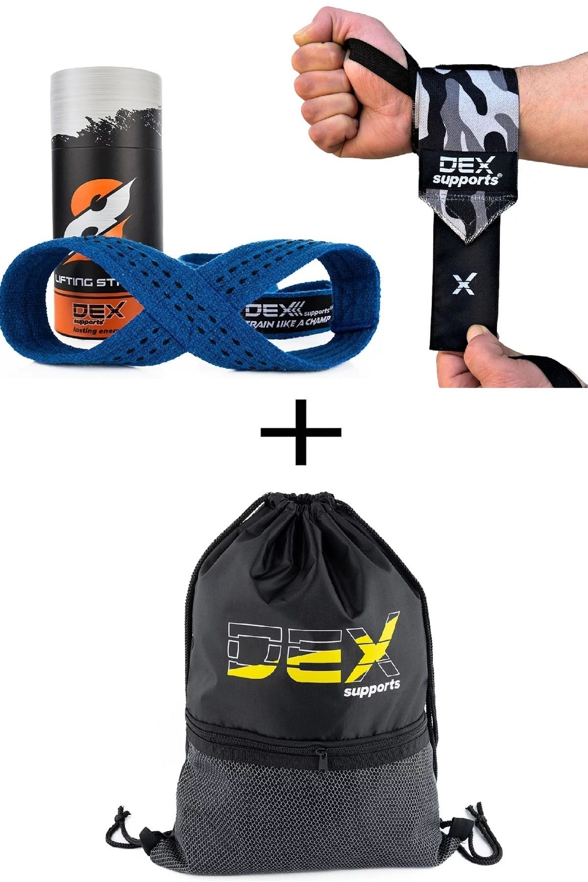 Dex Supports Sporcu Bilekliği Dark Kamuflaj Wrist Wraps + 8 Loop Lifting Straps Mavi + Sackpack 3'lü Paket