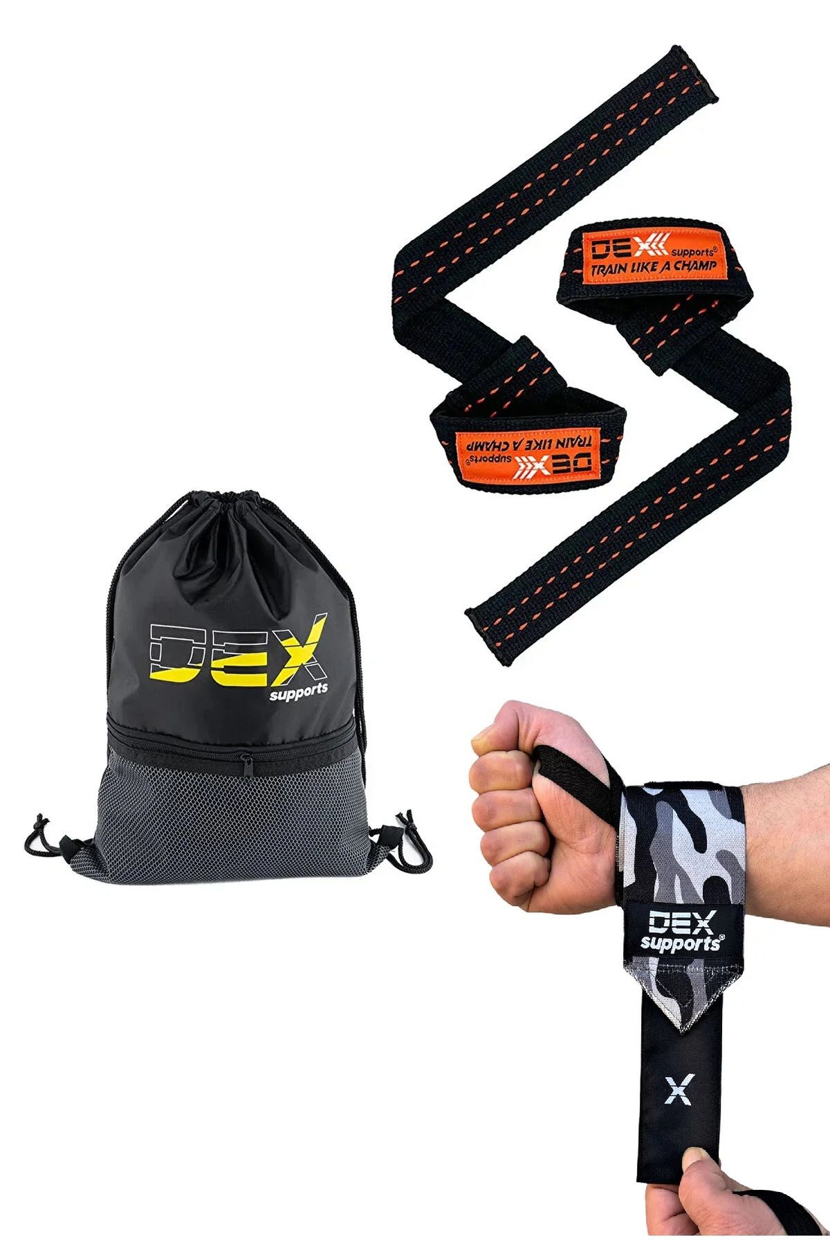 Dex Supports Fitness Bilekliği Dark Kamuflaj Wrist Wraps + Lifting Straps Turuncu + Sackpack 3'lü Paket