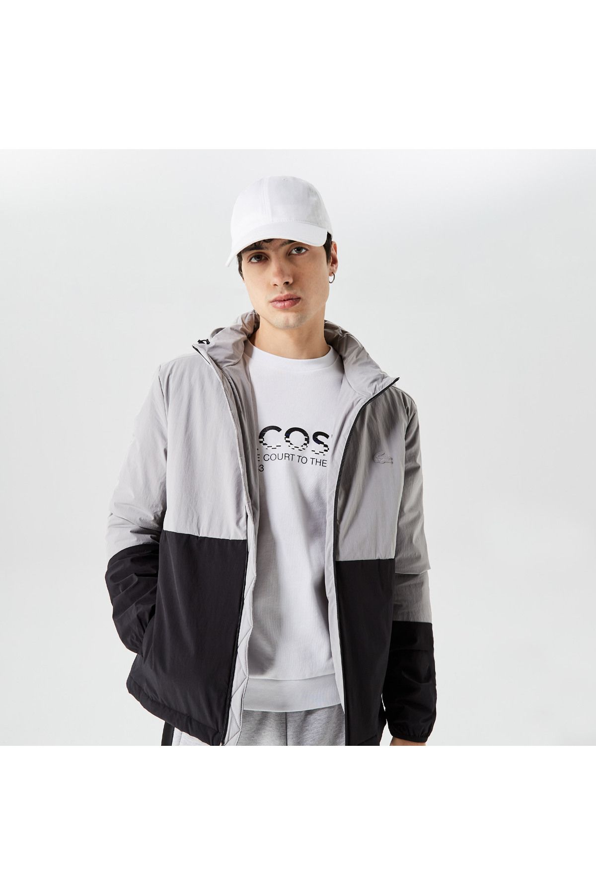 کاپشن خاکستری مردانه مانتو بلوکی رنگ کلاهدار Lacoste