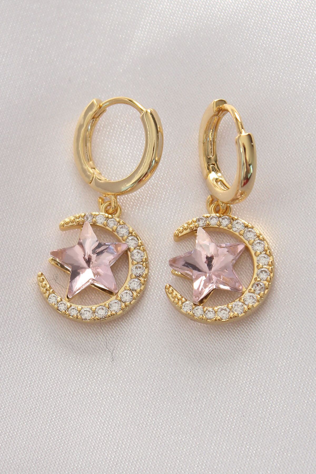 FUDER Pirinç Gold Renk Pembe Zirkon Taşlı Yıldız Detay Ay Küpe