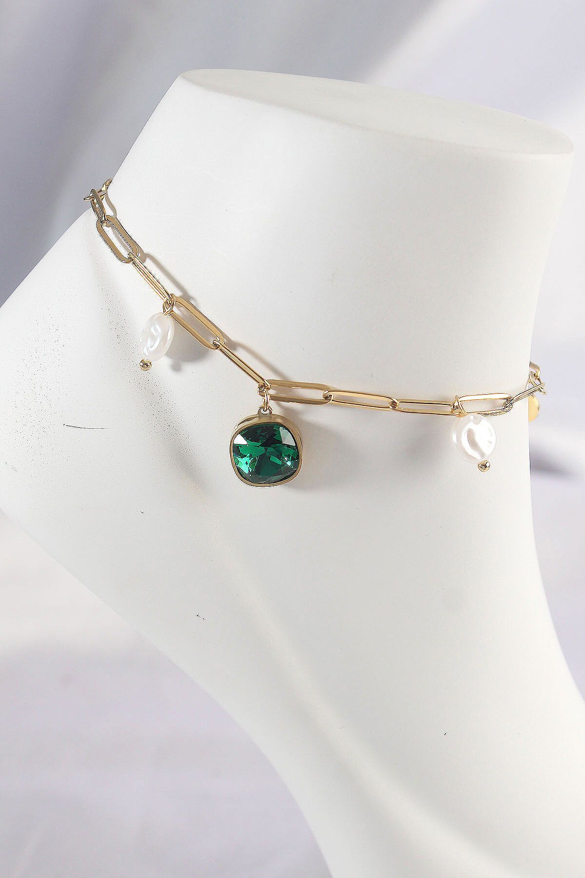MMB Boutique 316L Çelik Gold Renk Zümrüt Taş Tasarımlı Halhal