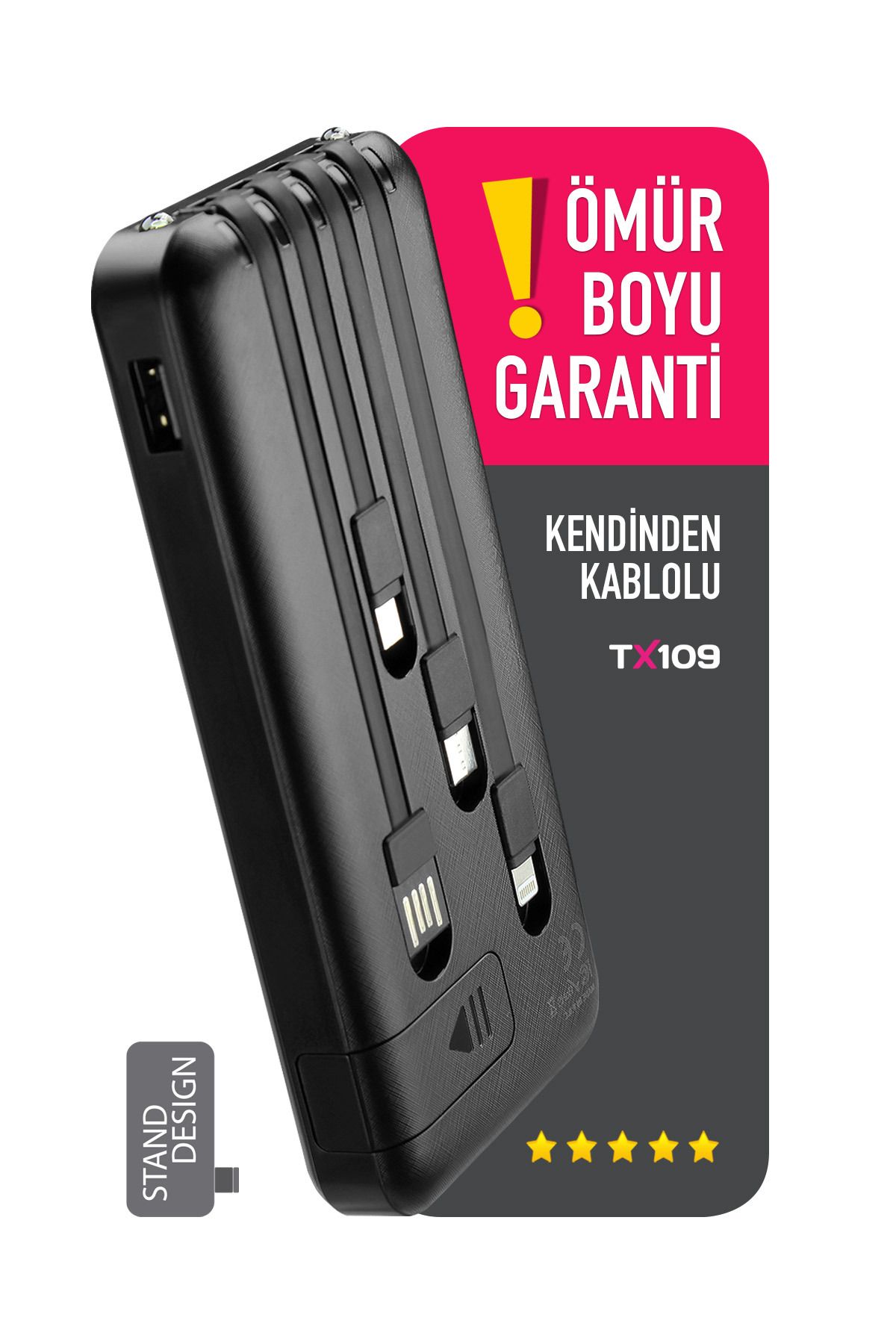 POWERWAY 10.000 Mah Kablolu Dijital Göstergeli 10.000 Mah Garantili Dahili Stand TX109 Siyah Powerbank