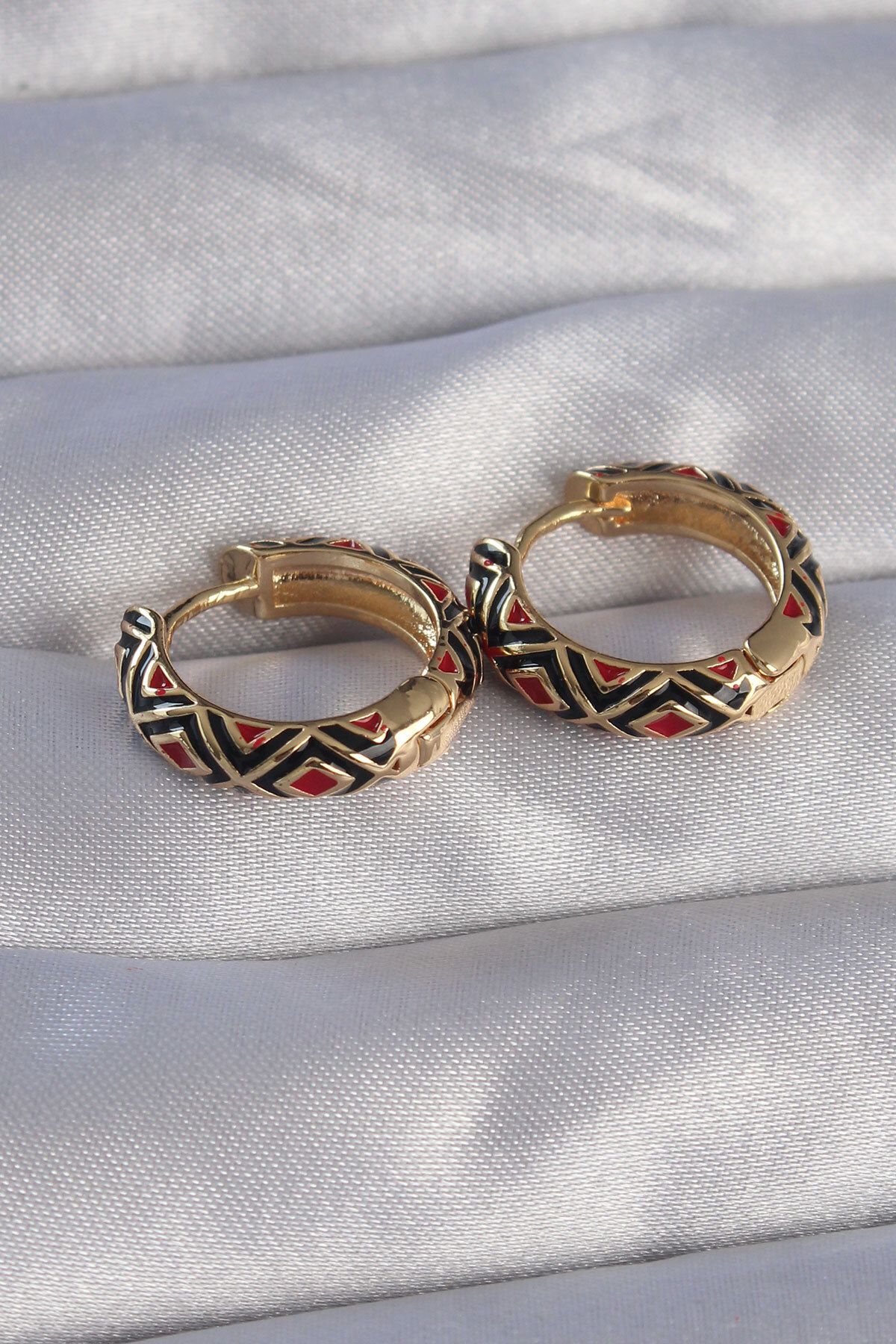 SeyCey.co-Brass Gold Color Black Ethnic Patterned Hoop Earrings 2