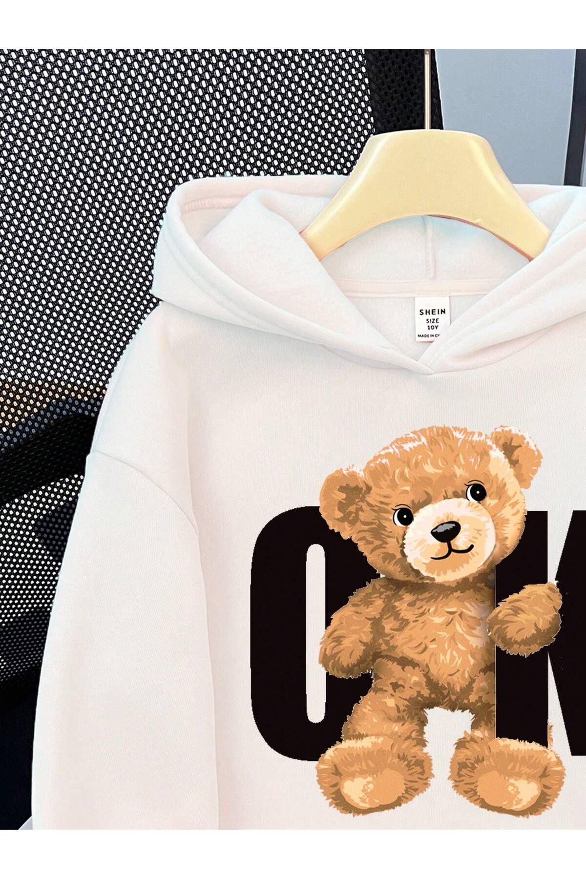 PENTHİLUS-White Oversize Hooded Sweatshirt - Arrow Teddy Bear Front Printed Hoodie 3