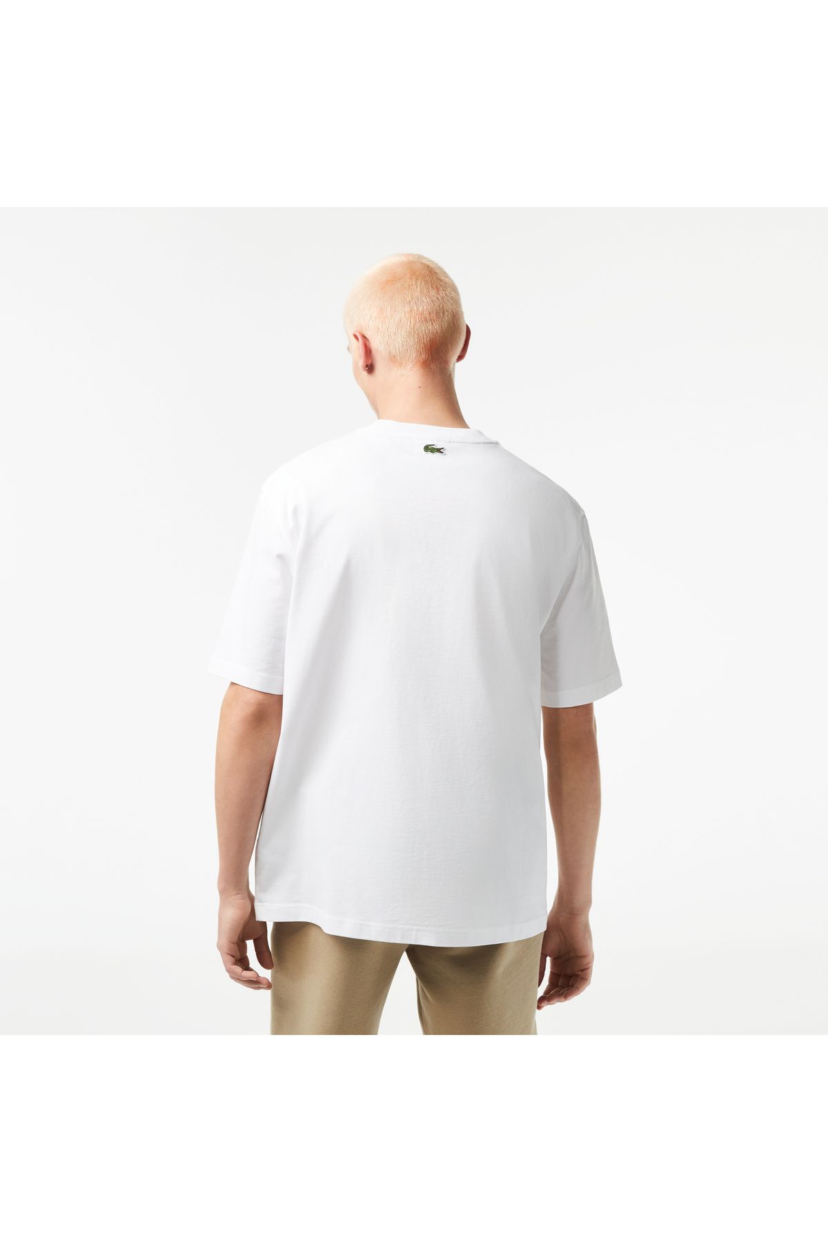 تی شرت سفید مردانه یقه دوچرخه تناسب پنبه ارگانیک طرح دار Lacoste