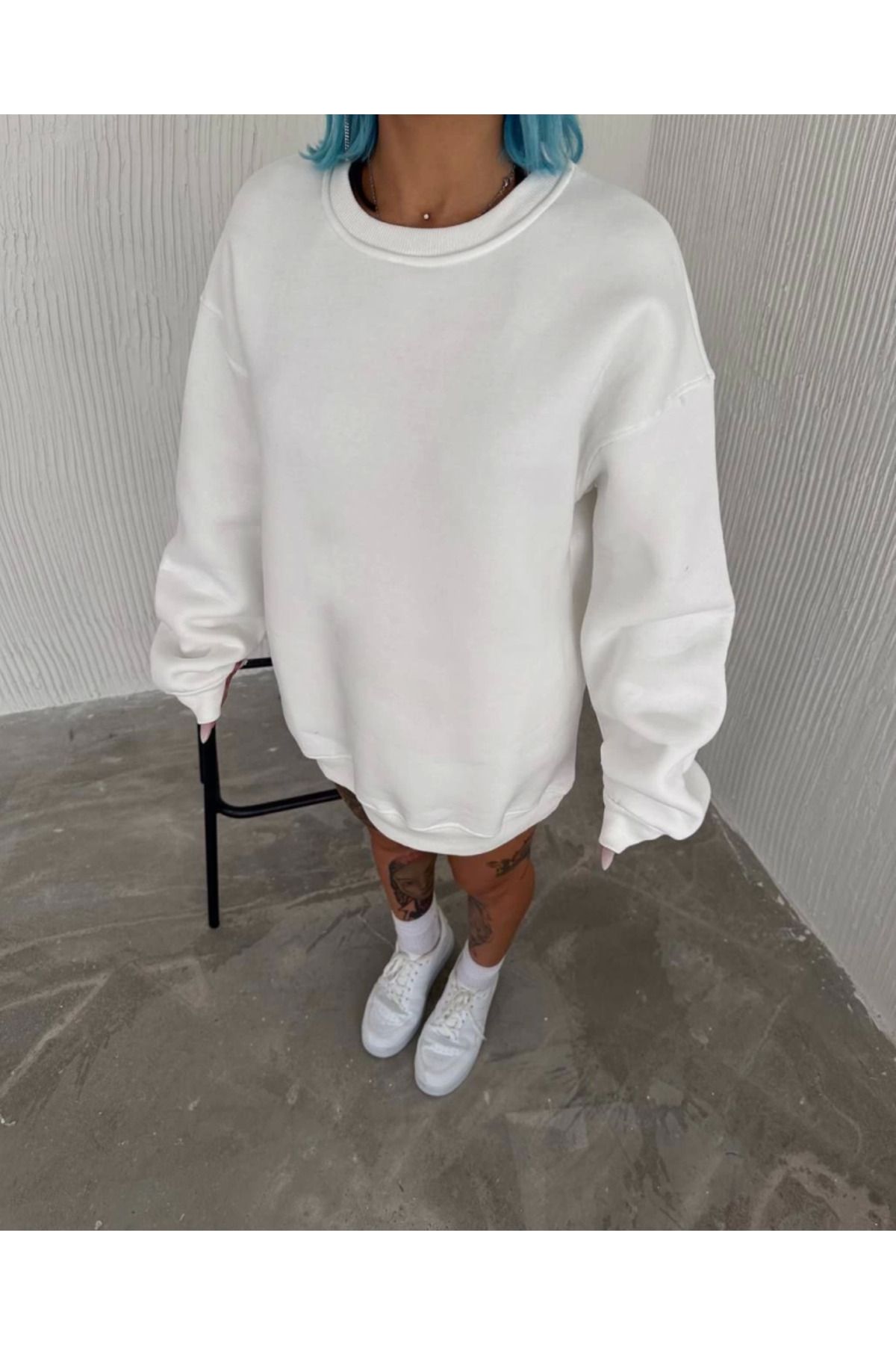 ATOM84 Kışlık Bisiklet Yaka Üç İplik Basic SweatShirt - Beyaz