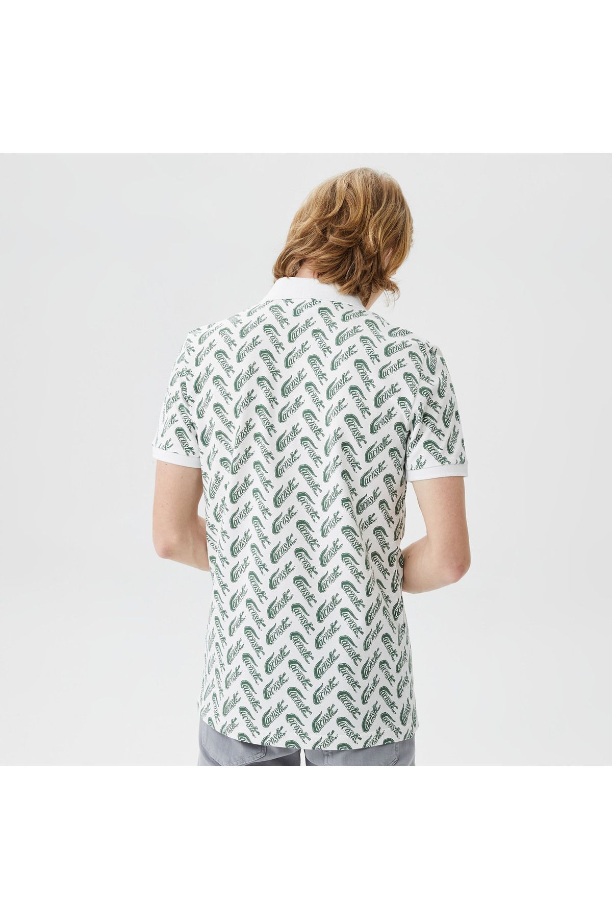 تی شرت یقه پولو سفید مردانه چوگان با الگوی باریک Lacoste