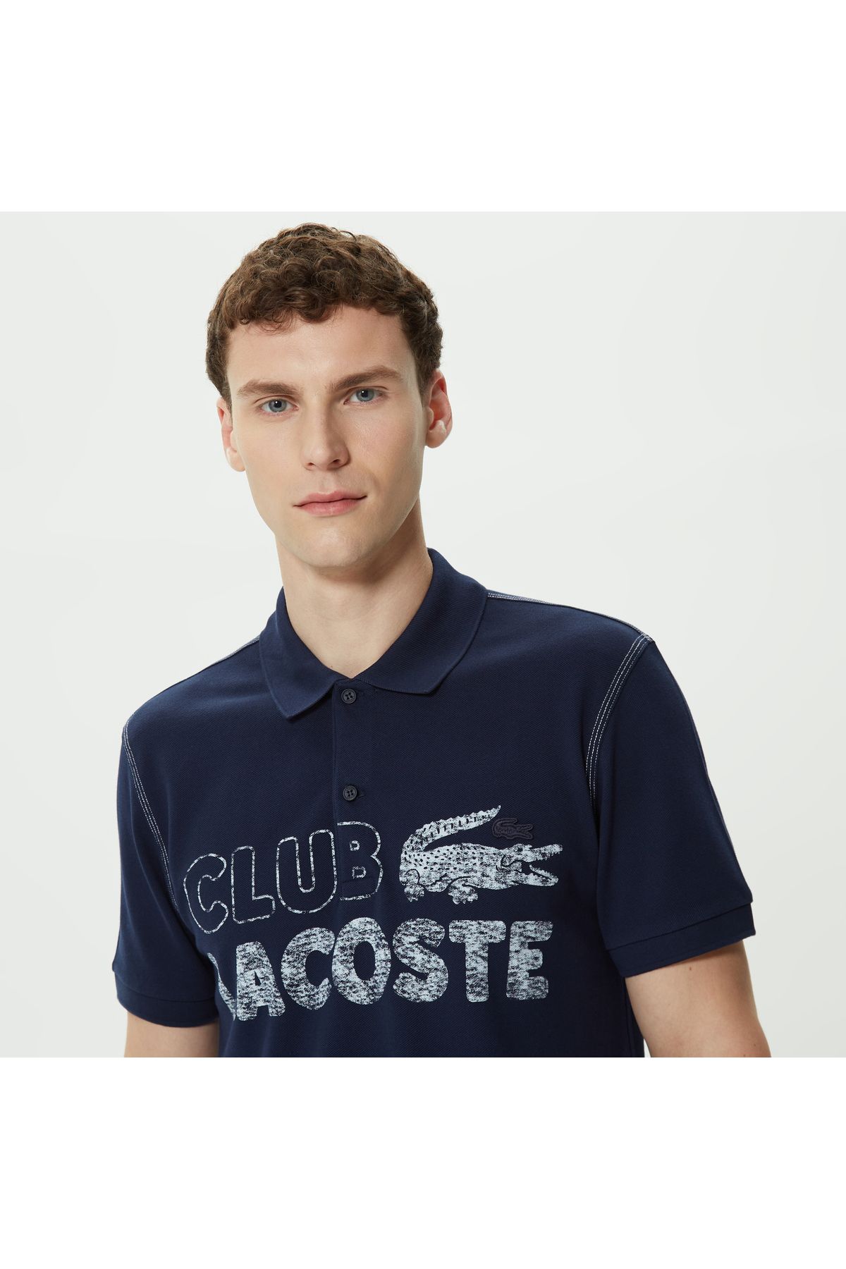 تی شرت یقه پولو آبی مردانه چوگان طرح دار معمولی Lacoste