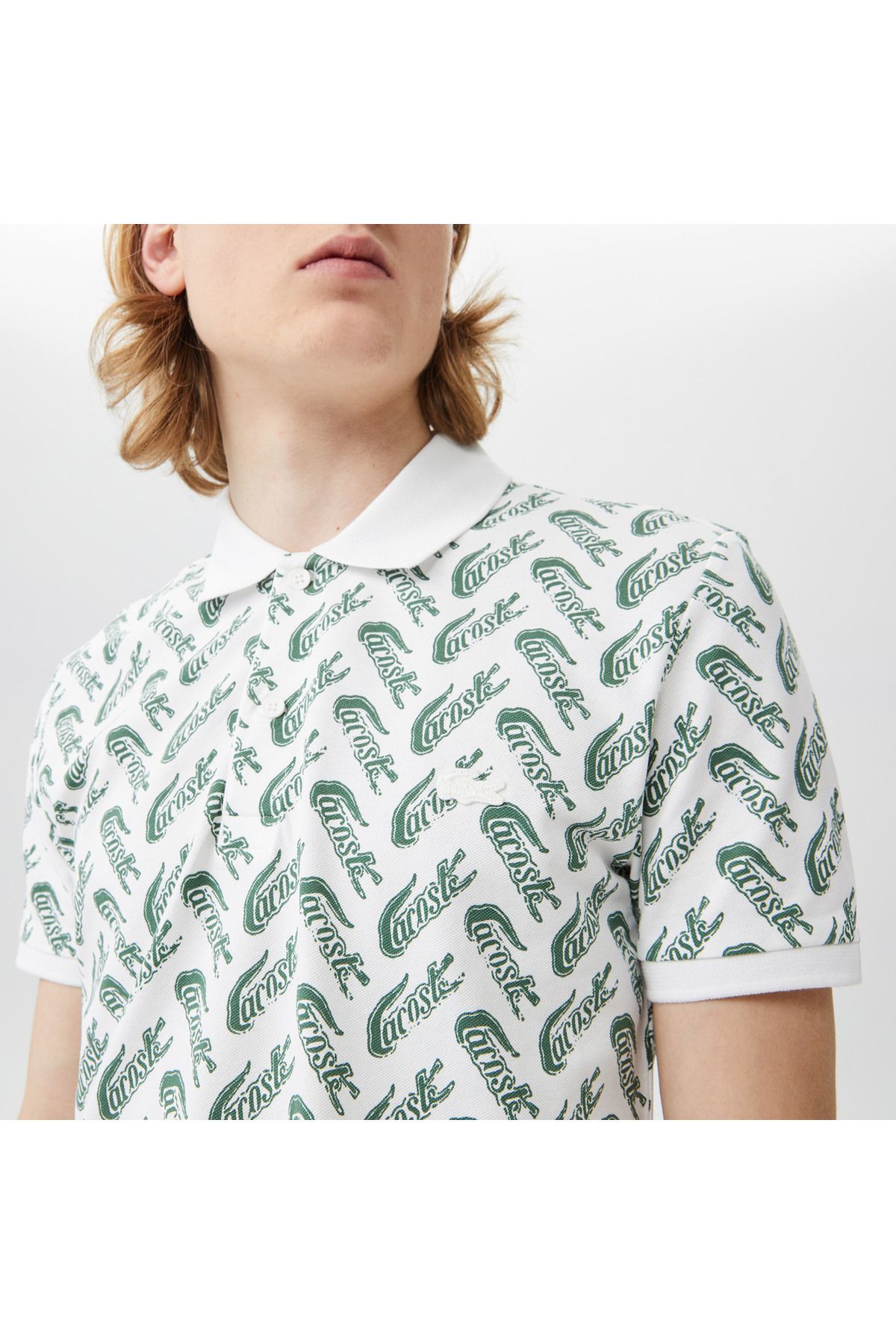 تی شرت یقه پولو سفید مردانه چوگان با الگوی باریک Lacoste