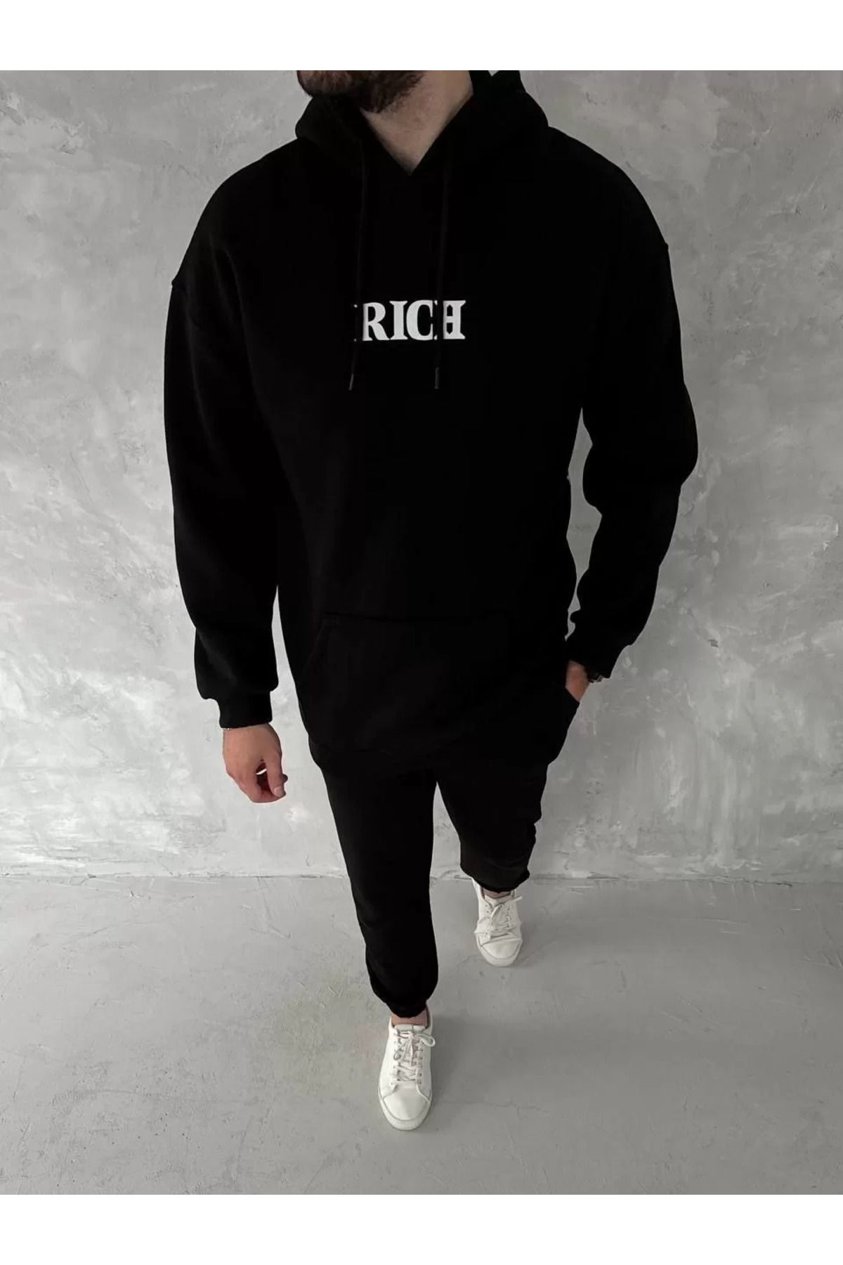 C&Z Collection Uzun Kol Kapüşonlu Göğüs Baskılı SweatShirt - Siyah