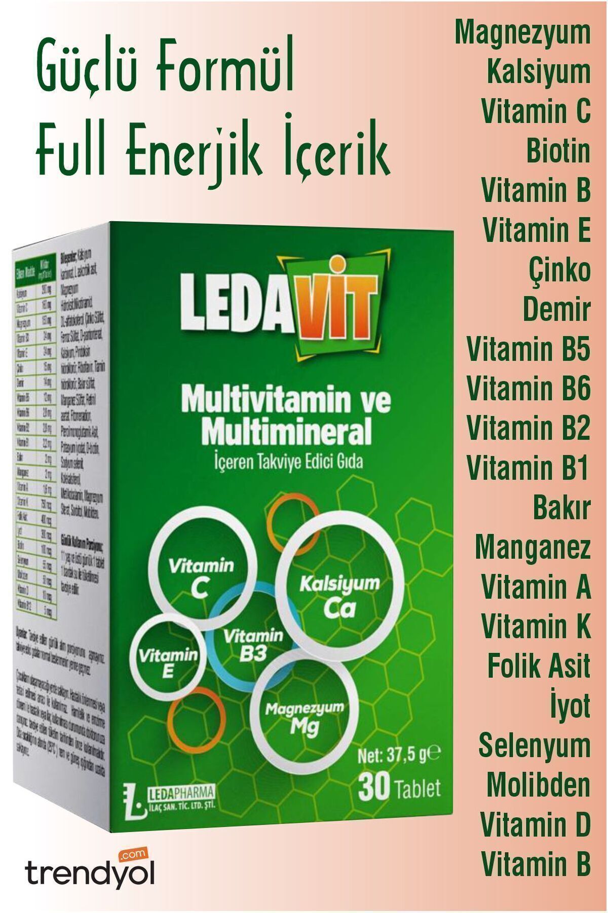 DermoExpress Ledavit Multivitamin Mineral 30 Tablet (KALSİYUM MAGNEZYUM ÇİNKO DEMİR VB.)