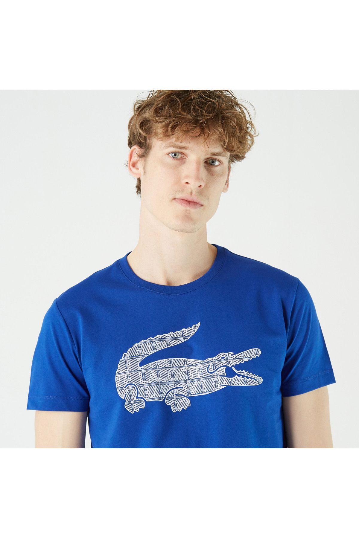تی شرت آبی مردانه یقه دوچرخه باریک طرح دار Lacoste