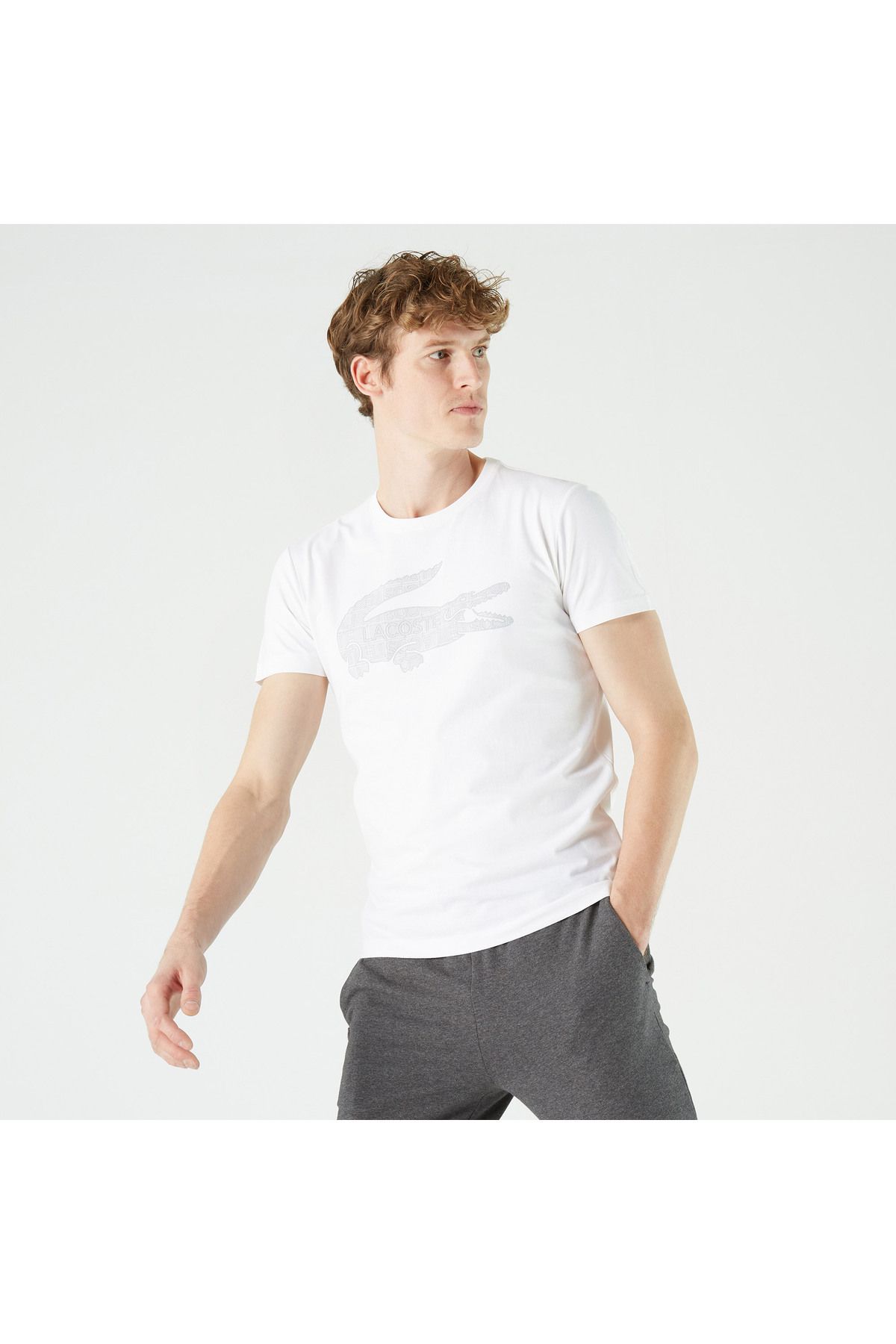 تی شرت سفید مردانه یقه دوچرخه باریک طرح دار Lacoste