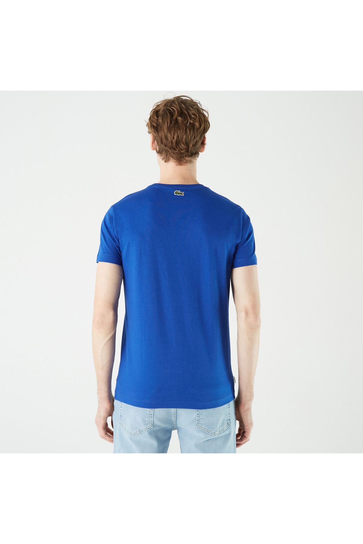 تی شرت آبی مردانه یقه دوچرخه باریک طرح دار Lacoste