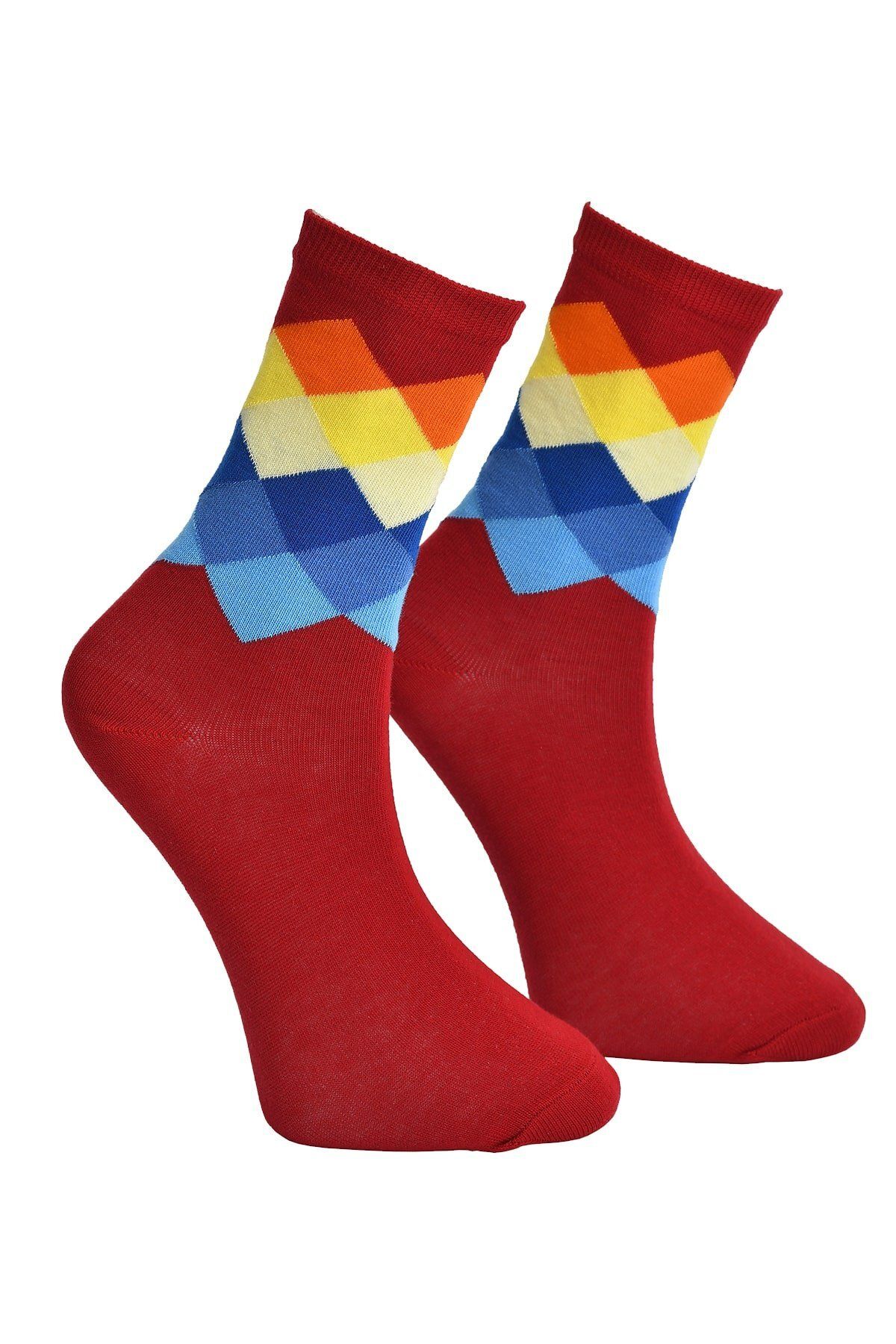 E-RICH Unisex Renkli Kare Çorap Kırmızı - LksÇrp17