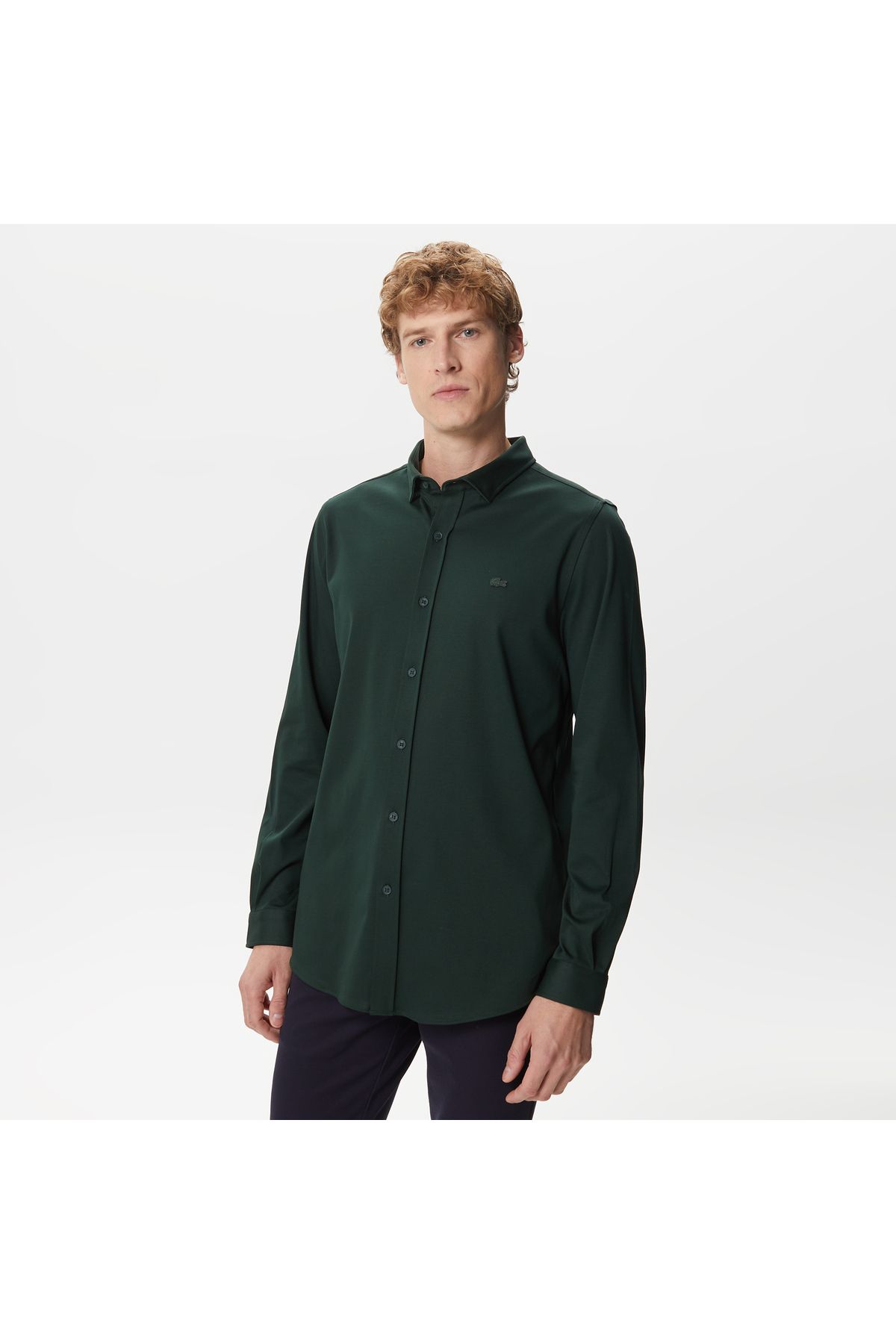 پیراهن / بلوز دکمه دار سبز مردانه باریک و اورجینال Lacoste