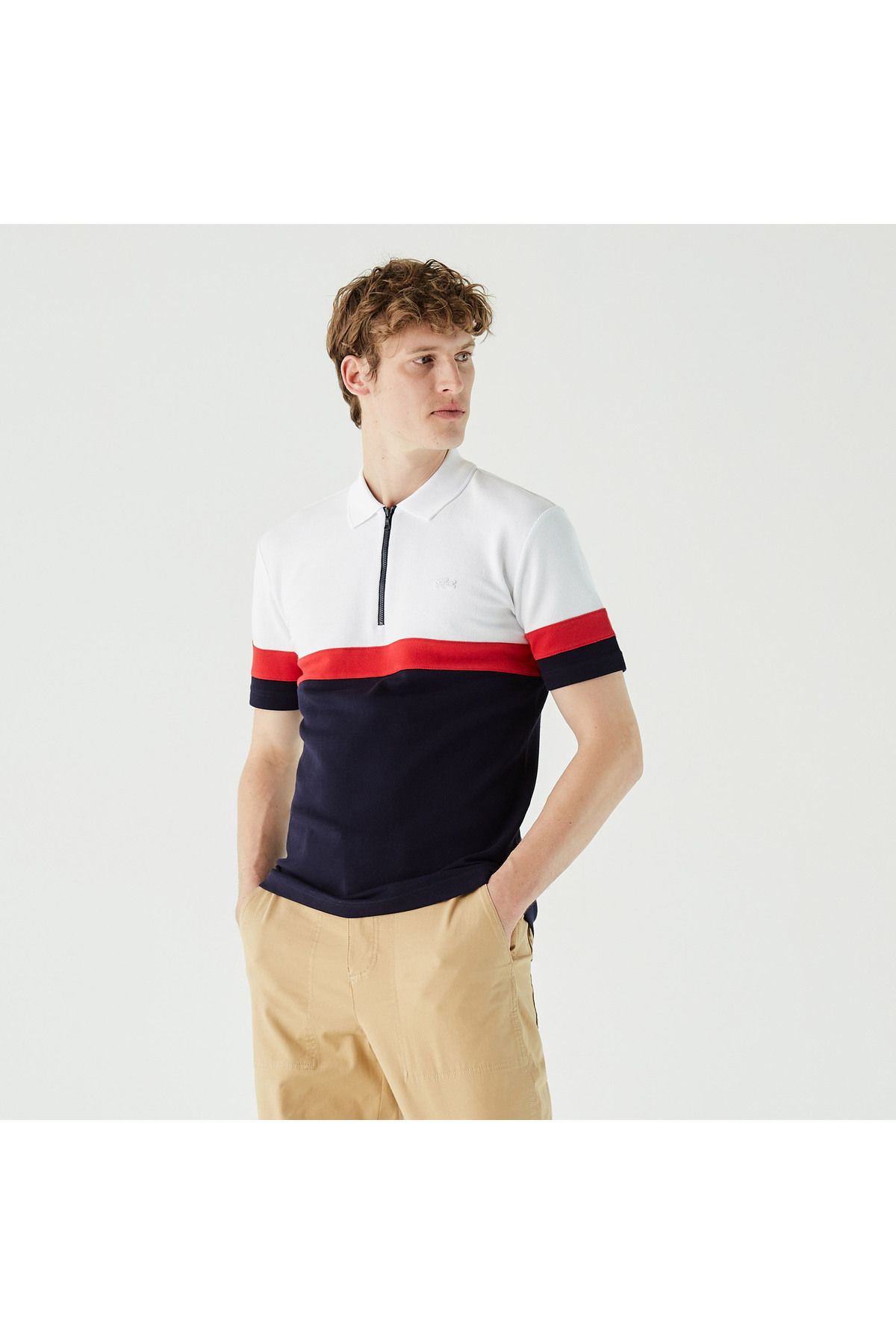 تی شرت یقه پولو سفید مردانه به طور مرتب و مناسب نیمه زیپ دار Blok Polo Lacoste