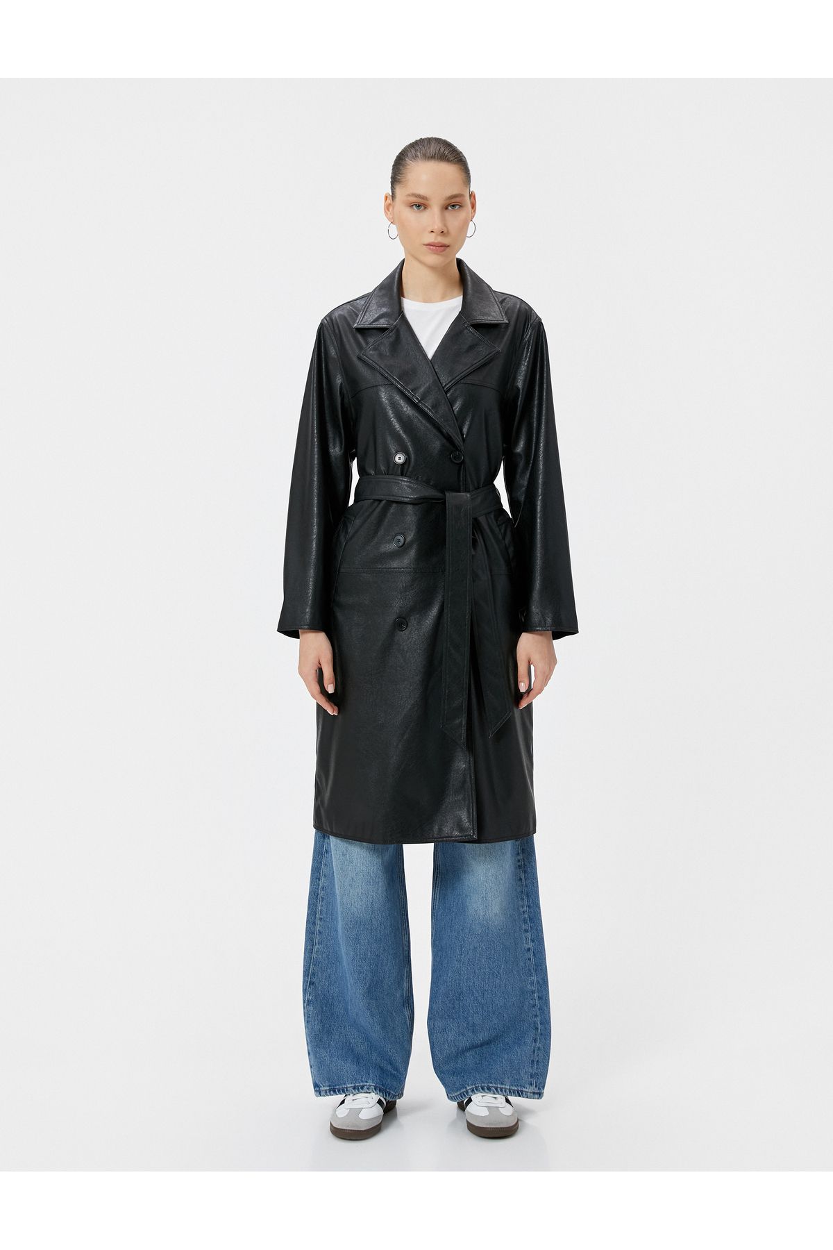 Koton-Faux Leather Long Trench Coat - Double Breasted, Pocketed and Buttoned 3