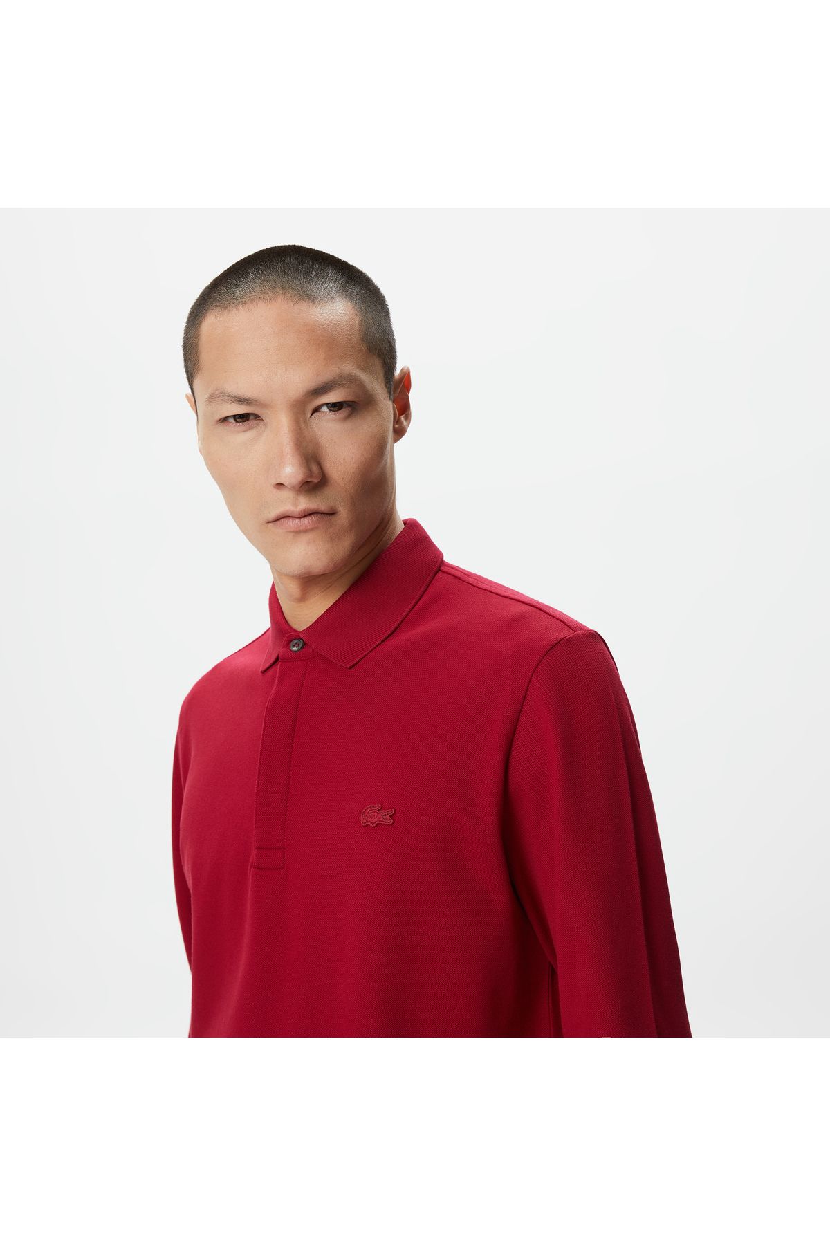 تی شرت یقه پولو قرمز مردانه آستین بلند و مناسب پاریس چوگان Lacoste
