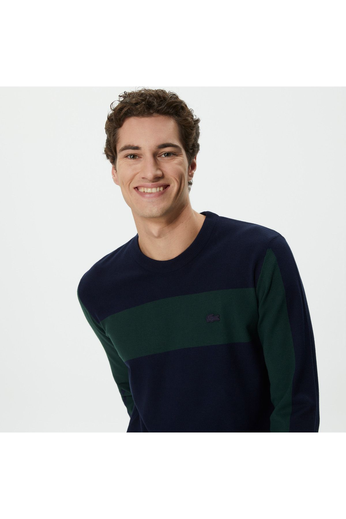پلیور آبی مردانه دوچرخه سواری آستین بلند و مناسب لباس های گره ای با رنگ یقه بلوک Lacoste