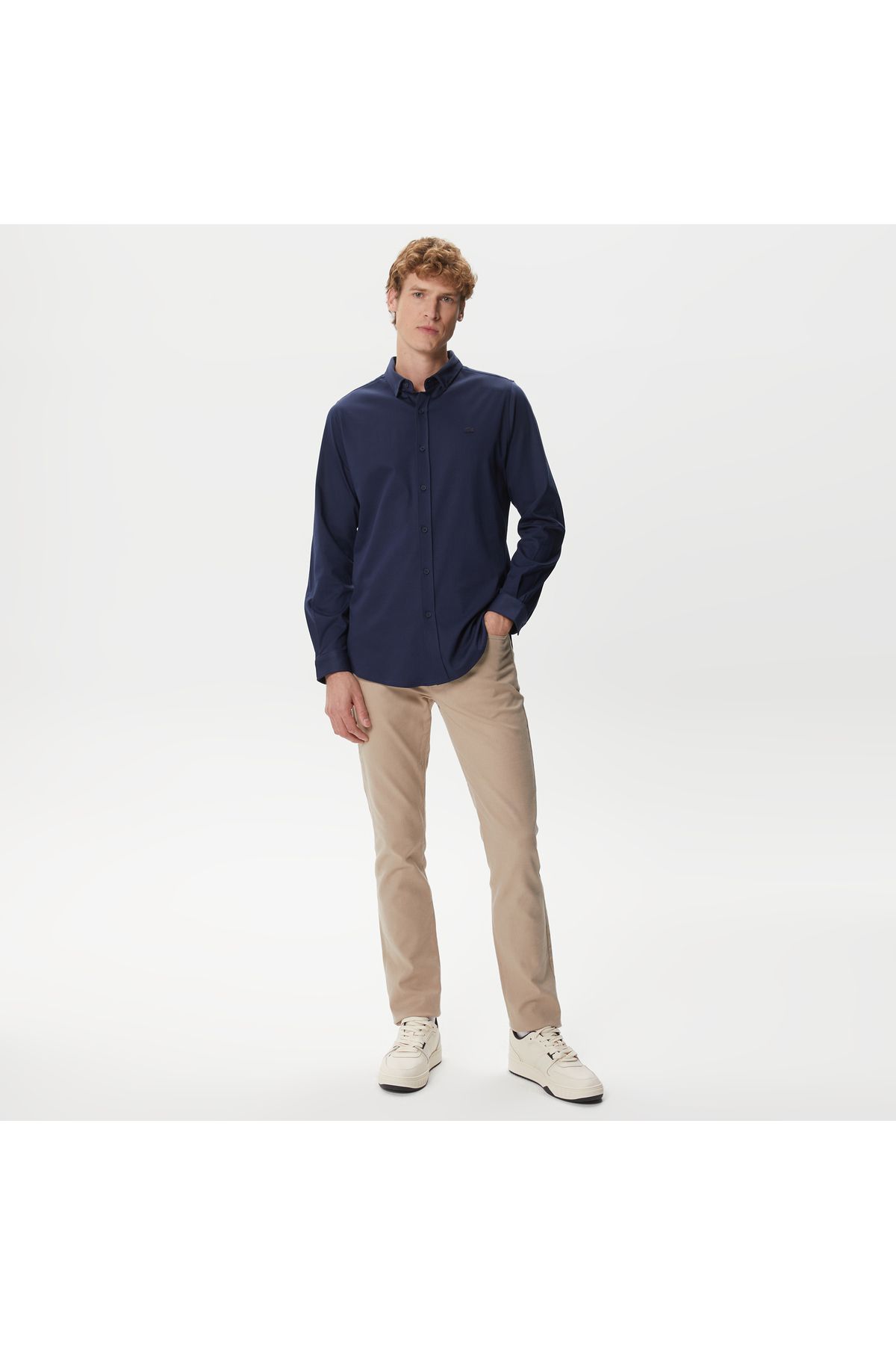 پیراهن / بلوز دکمه دار آبی مردانه باریک و اورجینال Lacoste