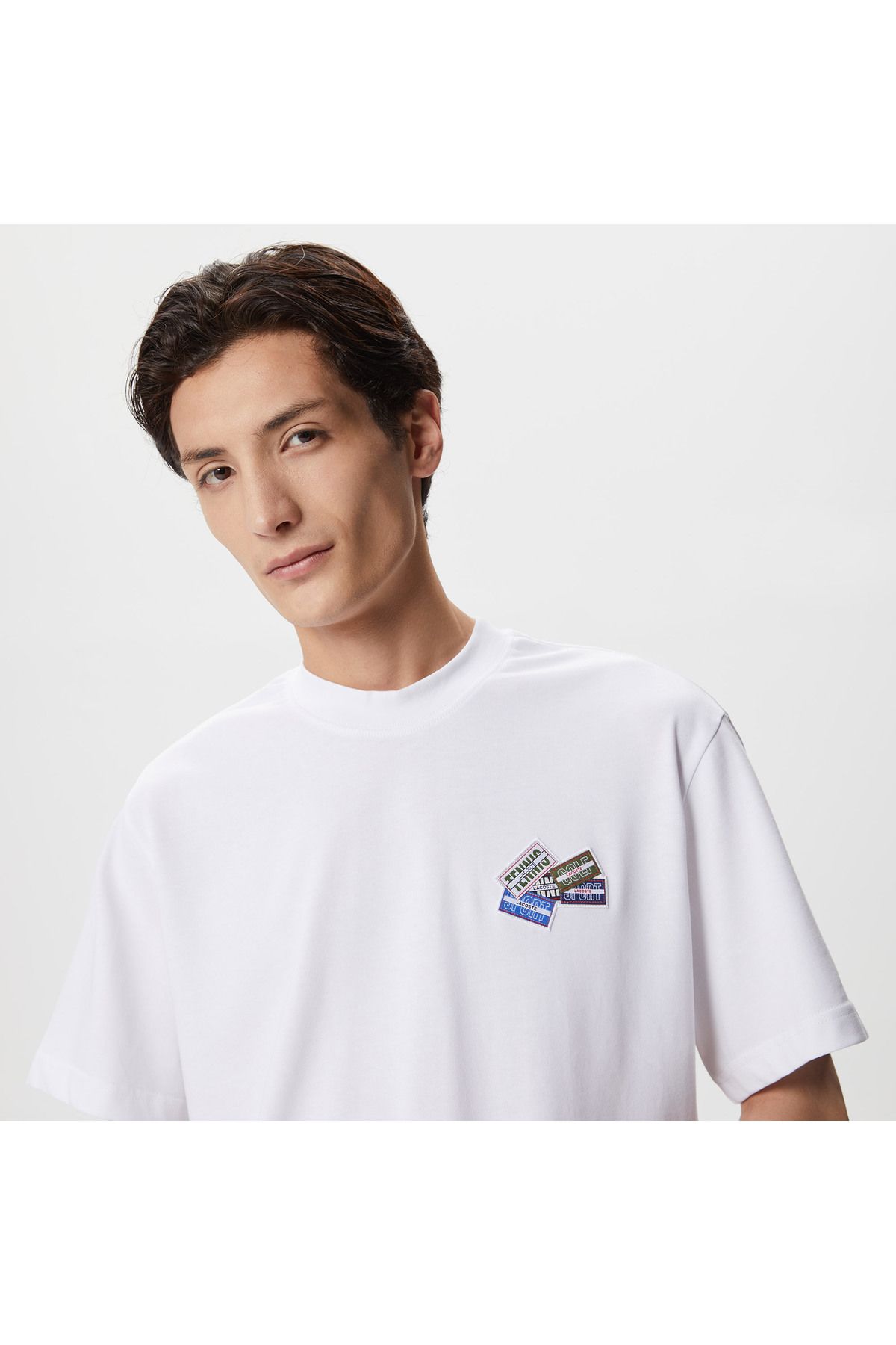 تی شرت سفید مردانه یقه دوچرخه تناسب طرح دار Lacoste