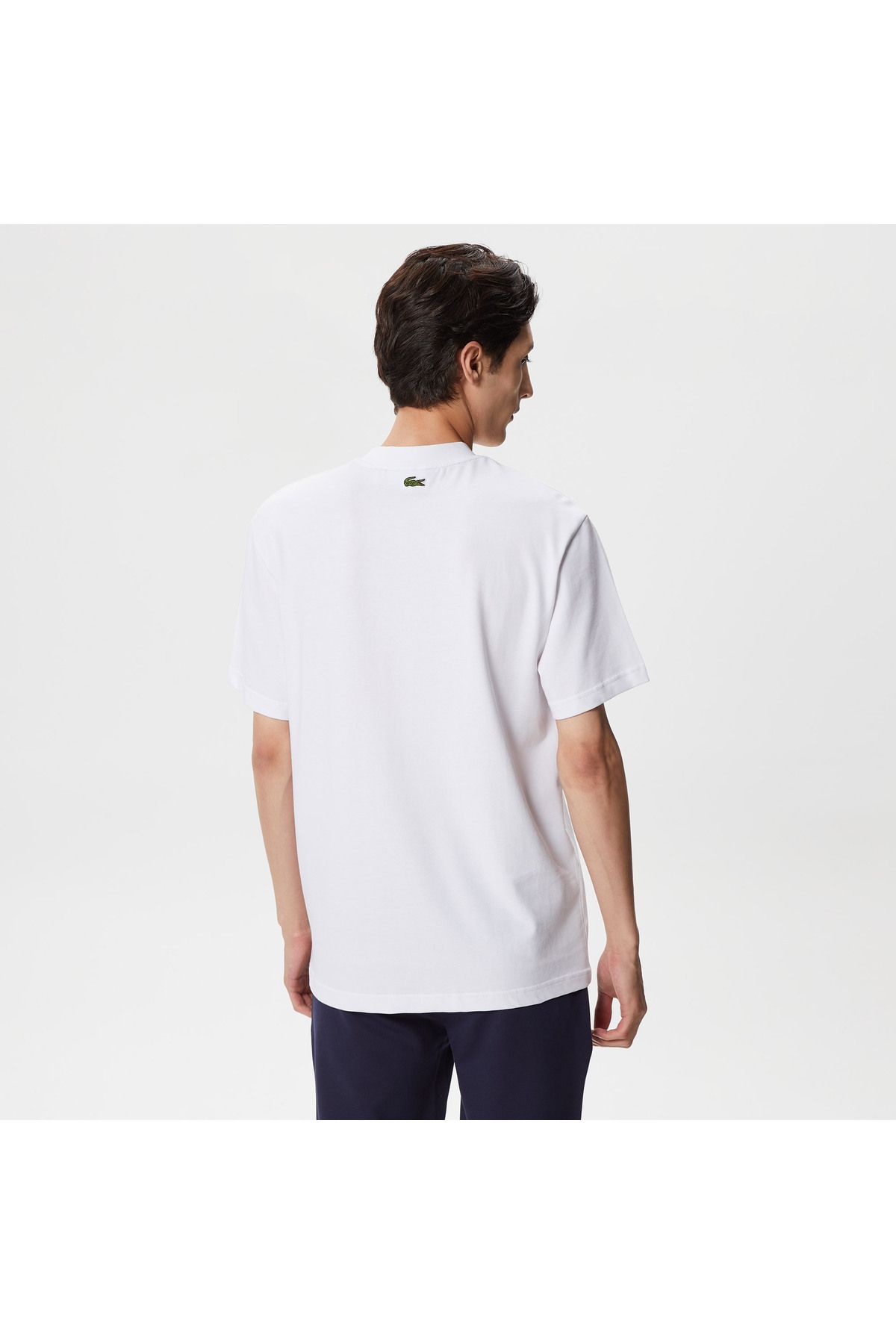 تی شرت سفید مردانه یقه دوچرخه تناسب طرح دار Lacoste