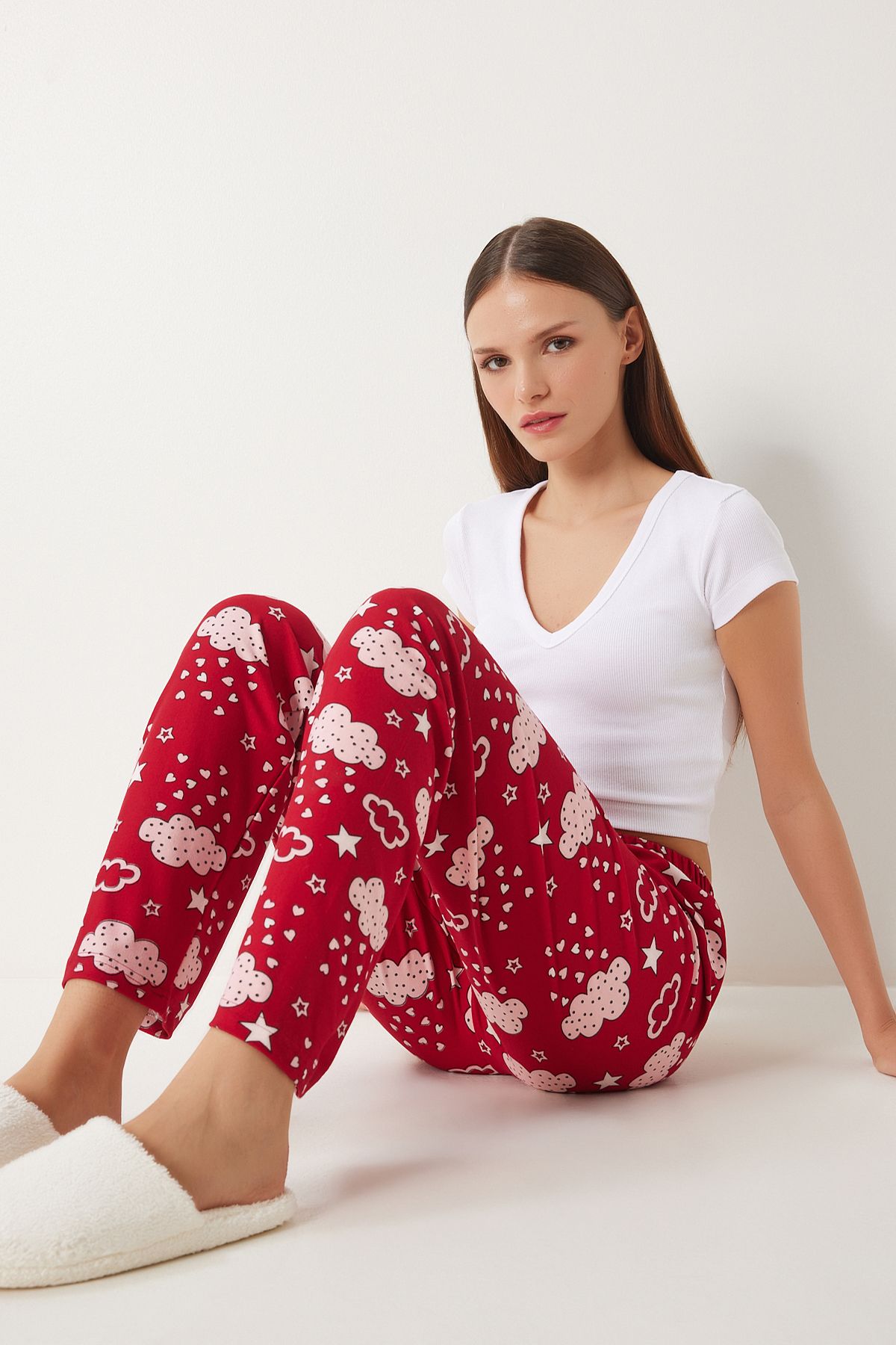 Happiness İstanbul Rot-rosa Gemusterte, Weiche Strick-pyjamahose – für Damen - 36