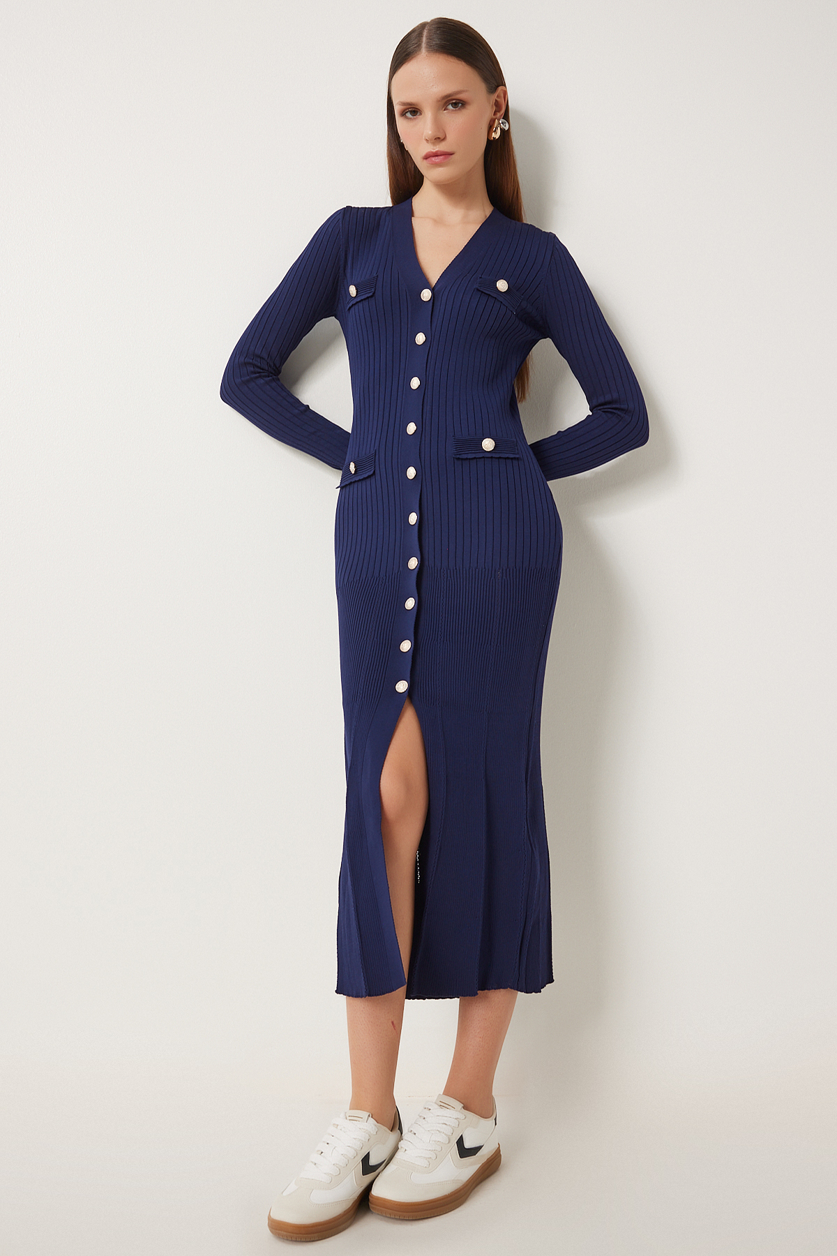 Happiness İstanbul Kadın Lacivert Şık Düğmeli Fitilli Triko Elbise FN03379