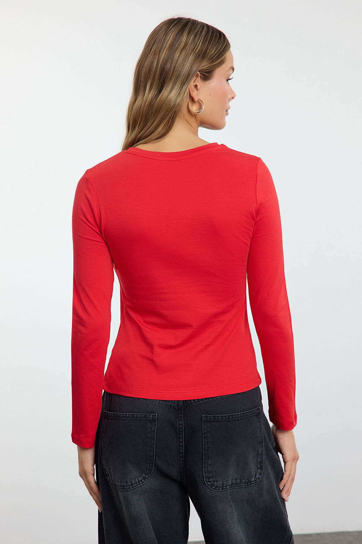 Trendyol Collection-Crew Neck Single Slit Red Knitted Blouse - Gathered, Twoaw24Bz00388 5