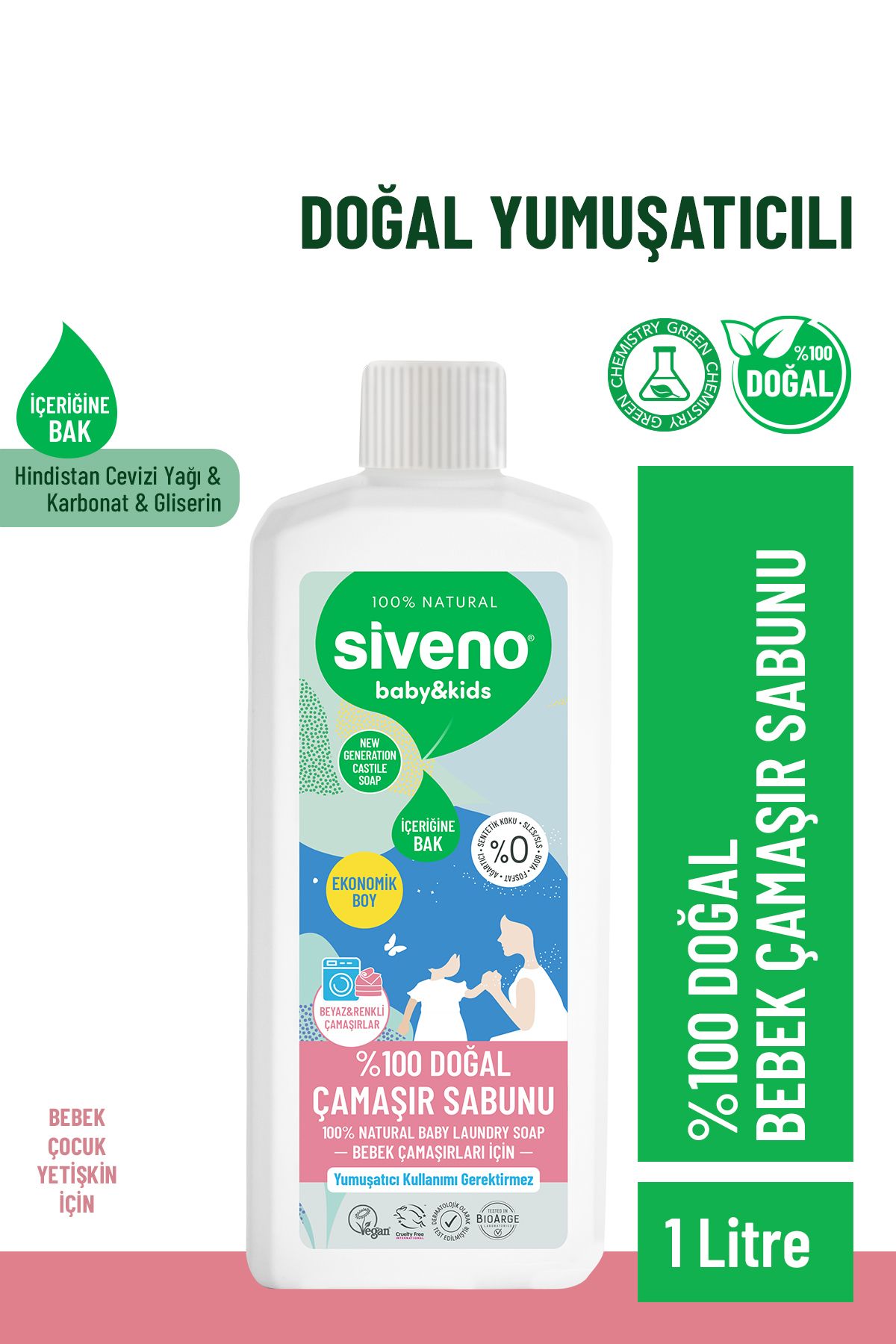 Siveno %100 Doğal Bebek Çamaşır Sabunu Kendinden Yumuşatıcılı Bitkisel Deterjan Konsantre Vegan 1000 ml