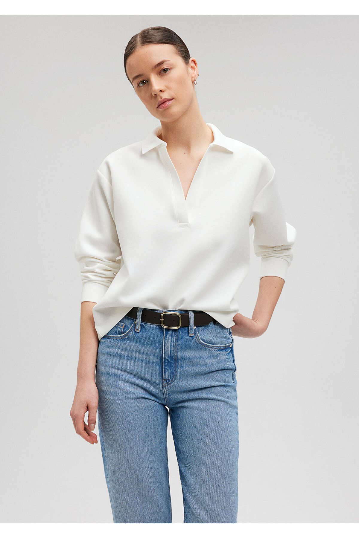 Mavi-Tricou polo alb - mânecă lungă, se potrivește lejer1612123-70057 2
