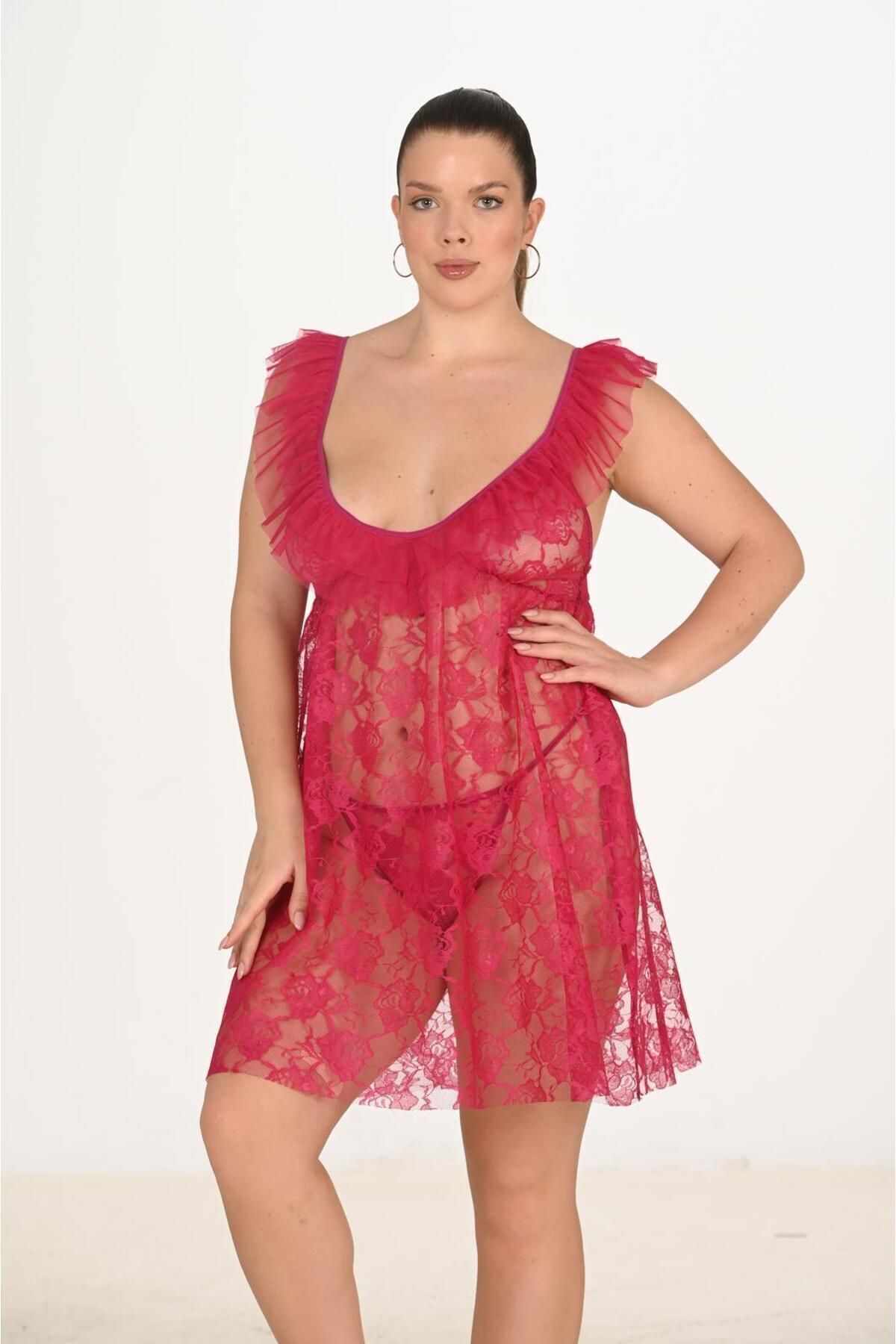 Primoda Büyük Beden Vişne Gecelik 3043