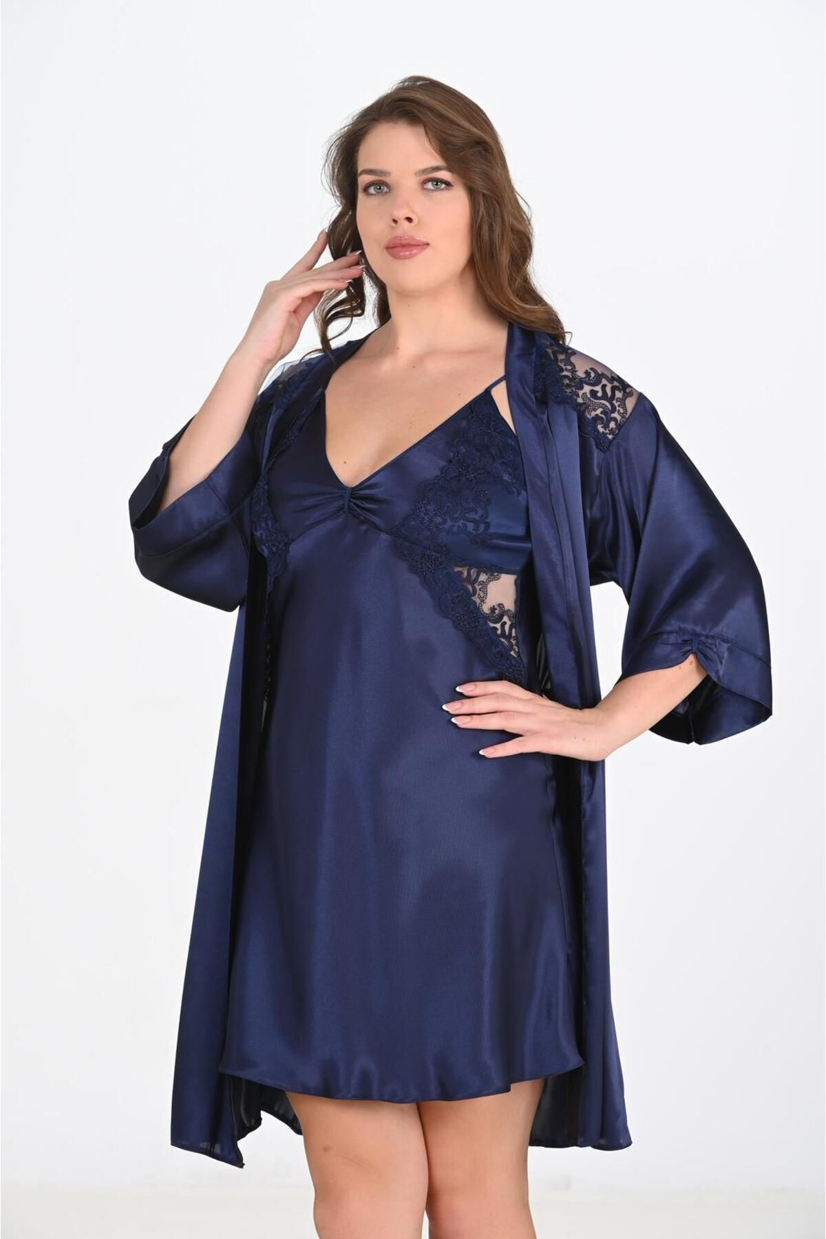 AHU-2-Piece Navy Blue Dressing Gown Set Big Size 6208 1