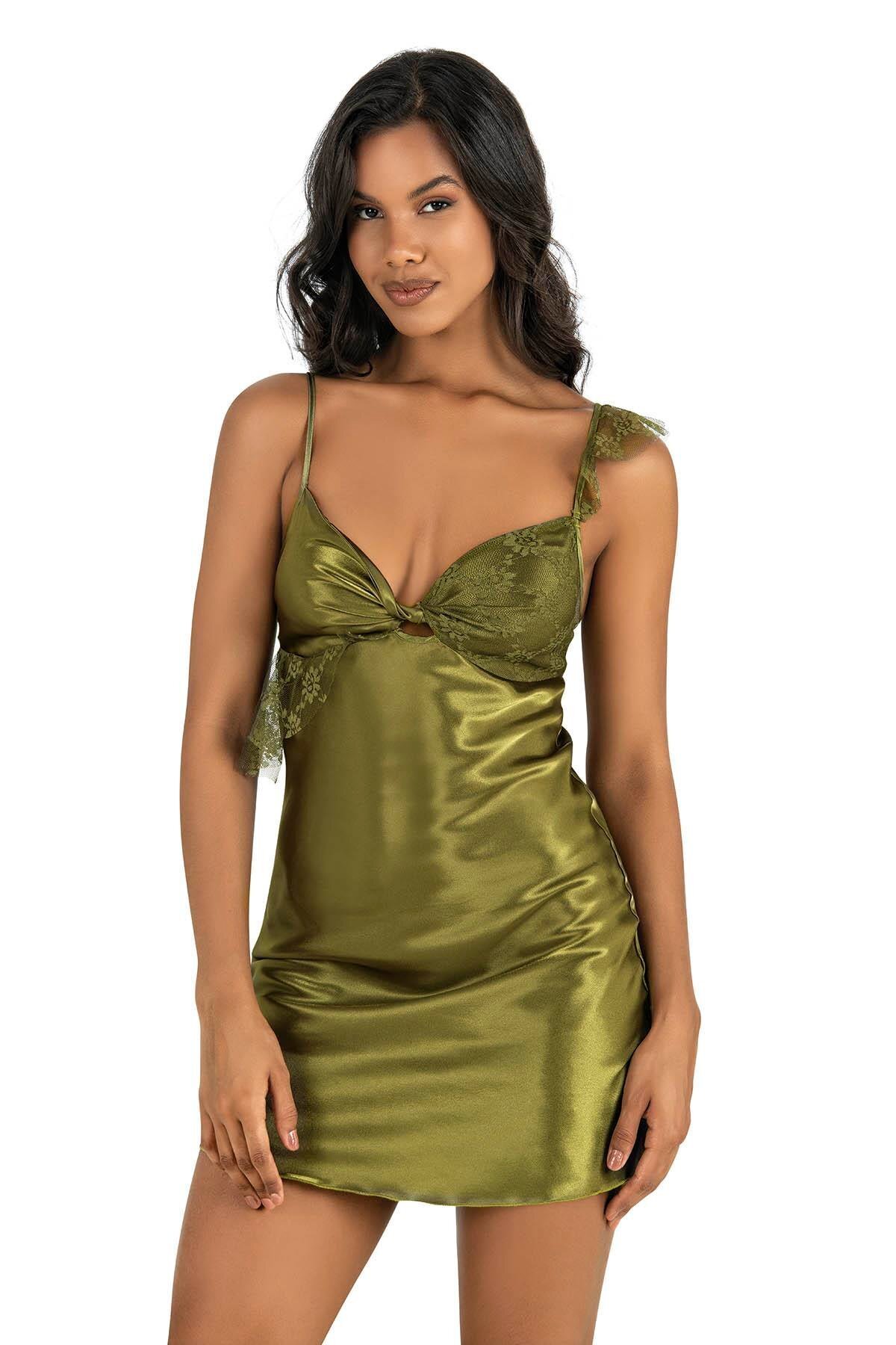 Primoda Haki Yeşil Kısa Saten Gecelik 8235