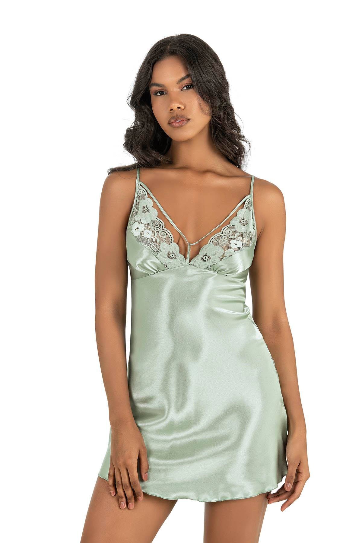 Primoda Su Yeşili Kısa Saten Gecelik 8245