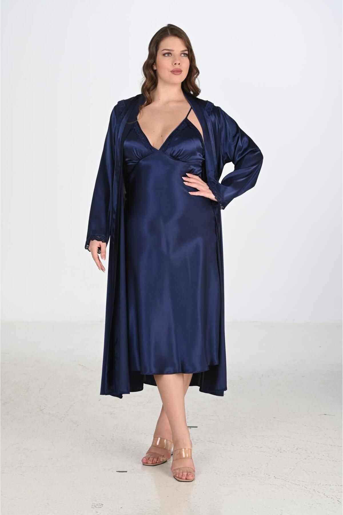 AHU-2-Piece Navy Blue Dressing Gown Set Big Size 6225 1