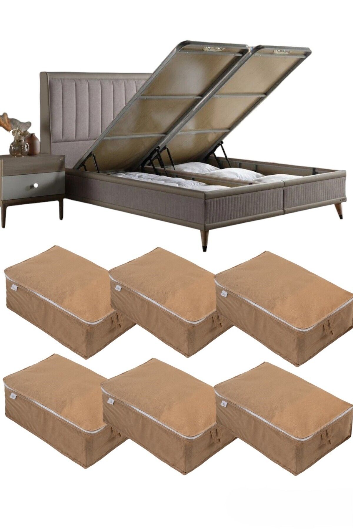 ALTINPAMUK-6 Pieces Beige Storage Bottom - Base and Sofa Bed, 60X40X22 1