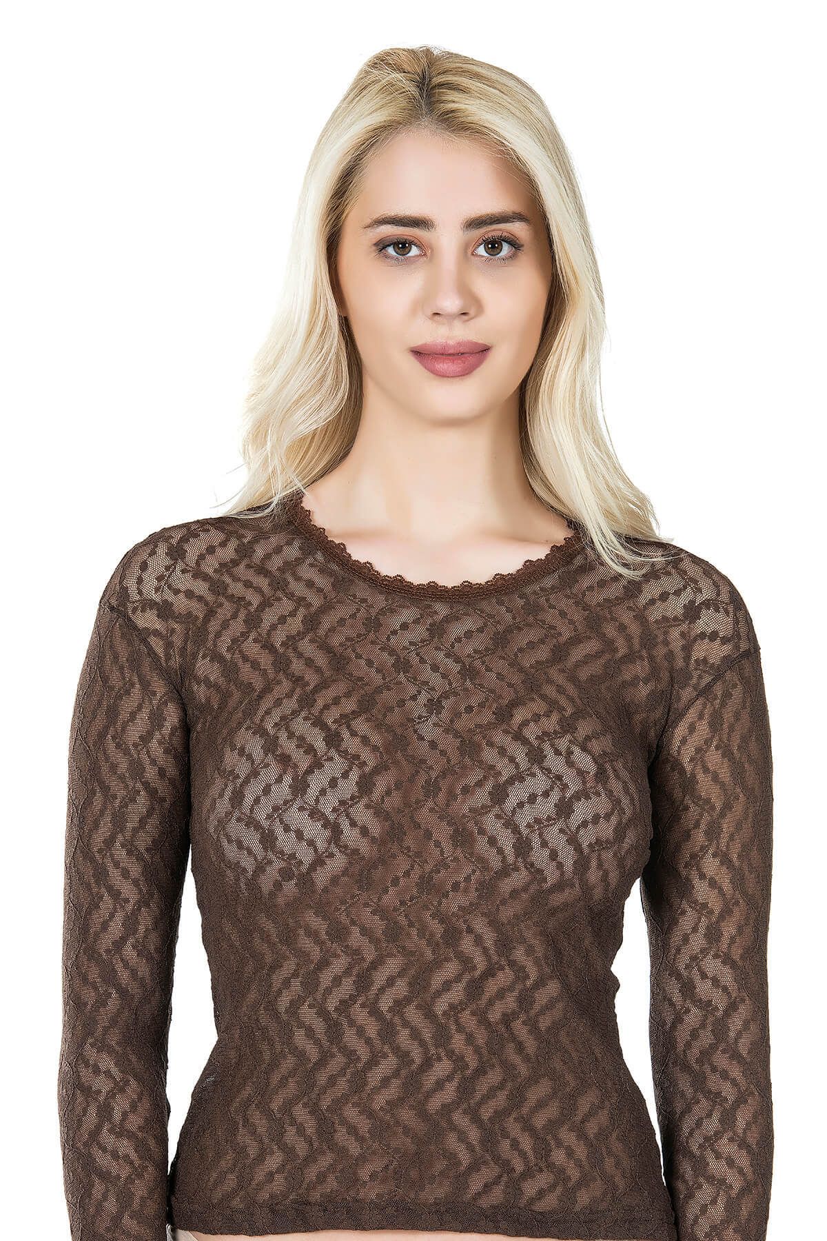 ASFSTORE Derya Kurşun Uzun Kol Dantelli Kadın Tişört