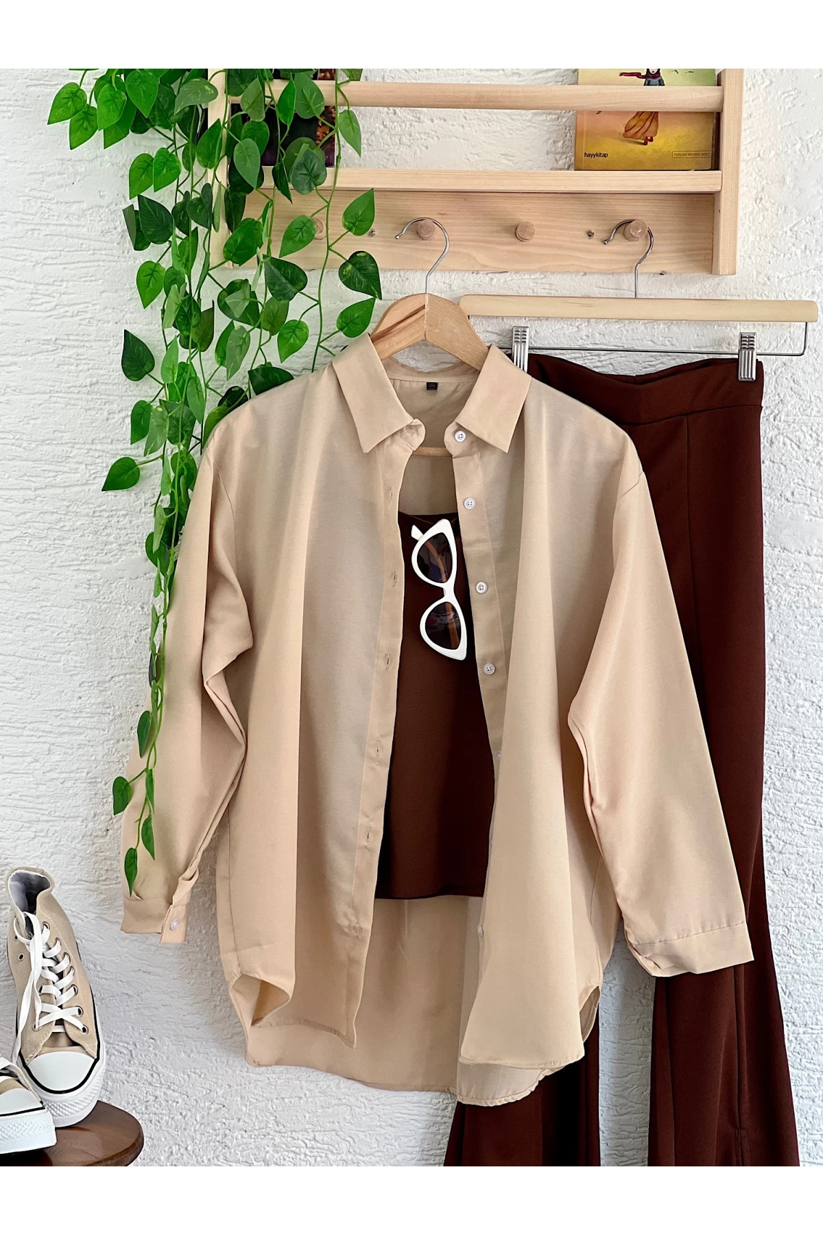 exxitcollection Kadın ABS Boyfriend Uzun Basic Bej Taş Tesettür Gömlek