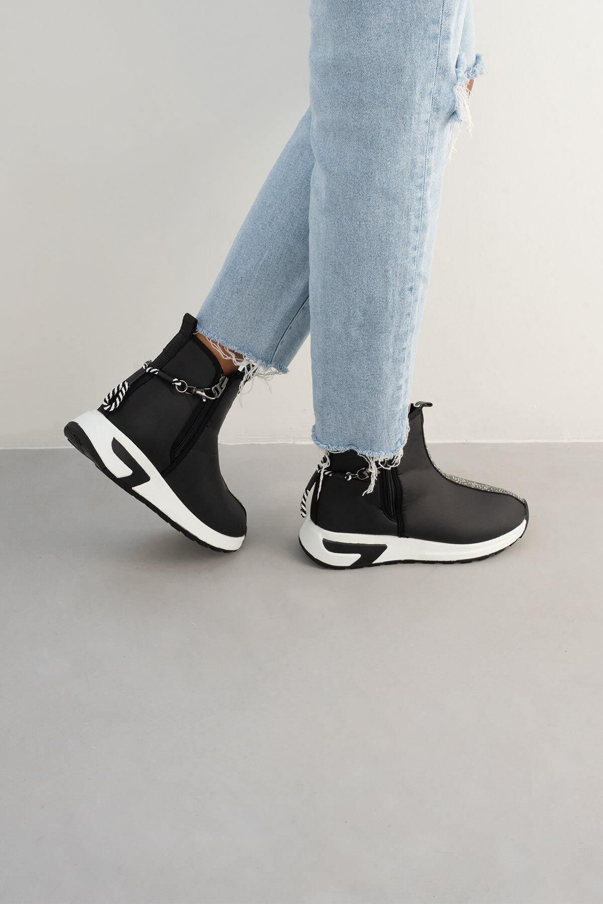 Beyond-White Sole Black Elora Boots - Black Elora Double Zippered Stone Detailed Waterproof Parachute Boots 2